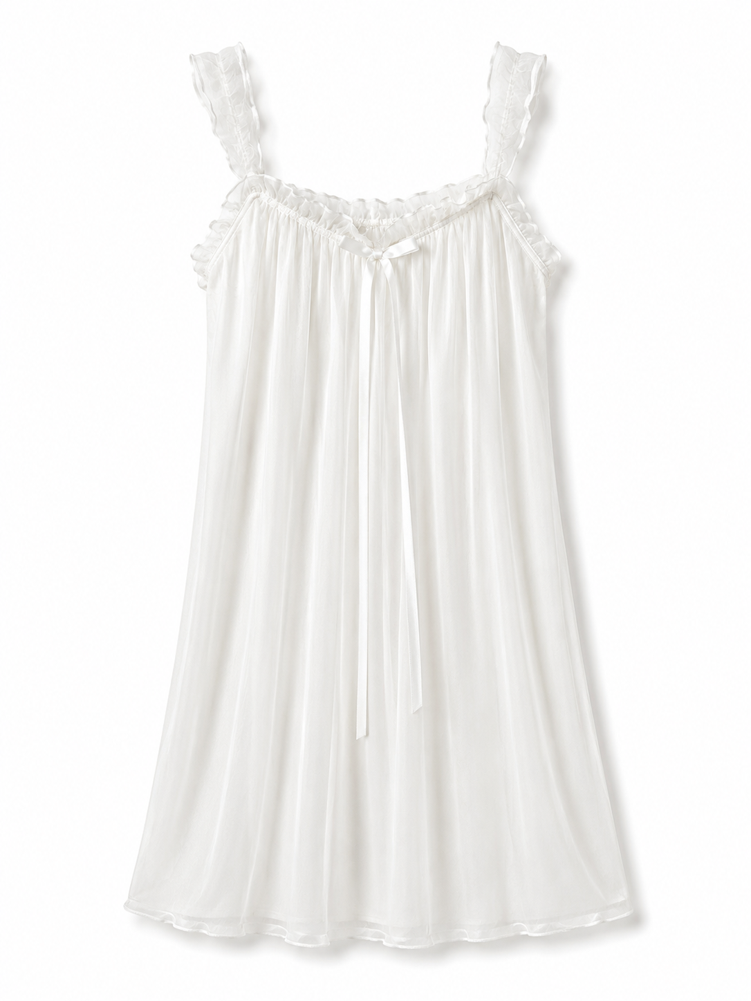 Soft Noir white sheer ruffle mesh nightgown on white background