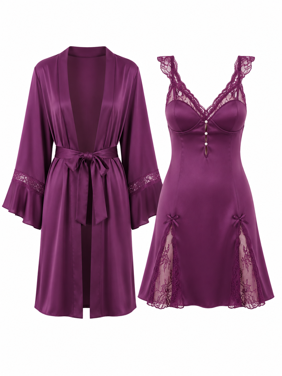 Soft Noir wine purple satin lace chemise nightdress and robe set on white background