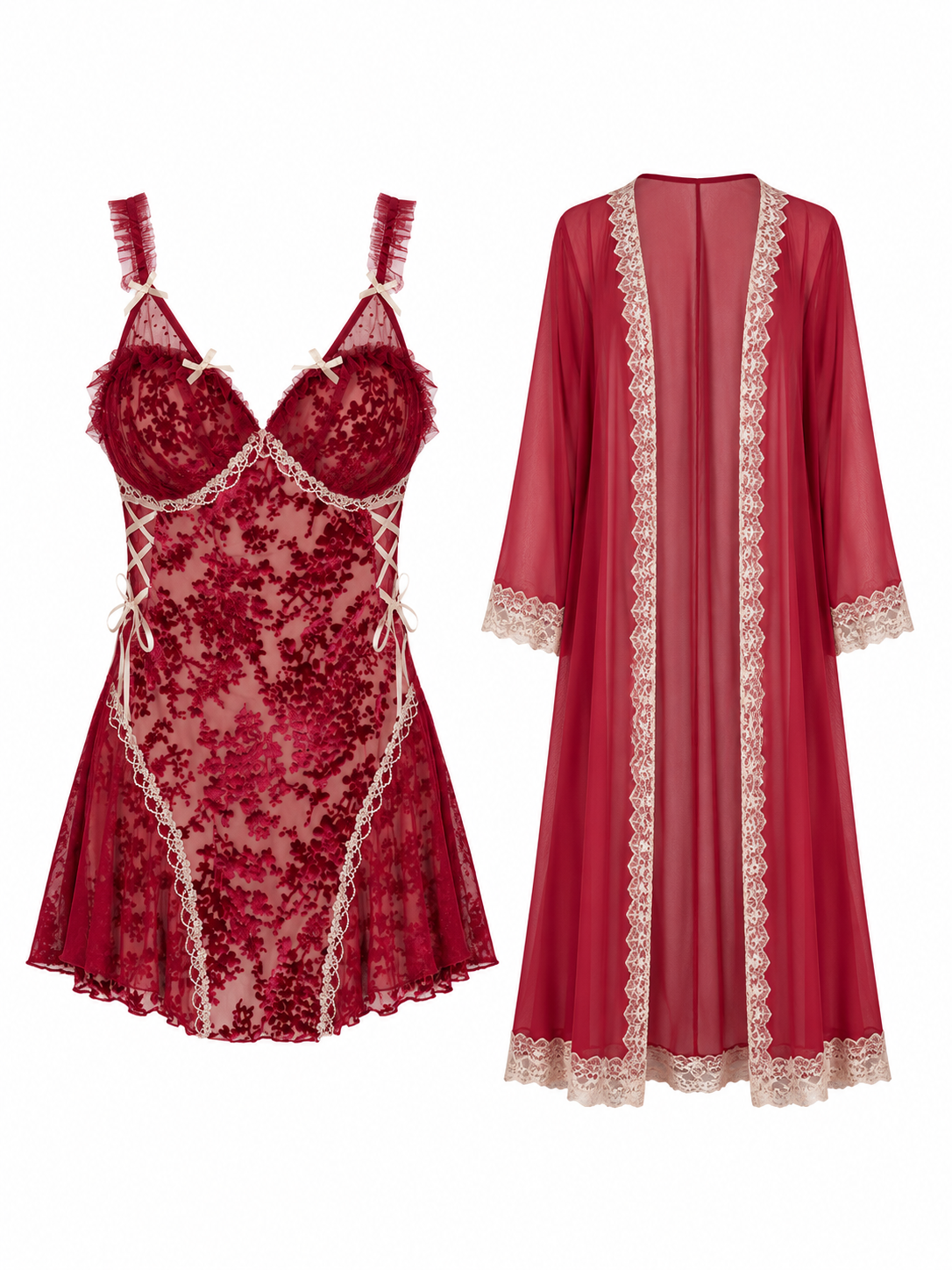 Soft Noir wine red lace babydoll dress and sheer robe set on white background