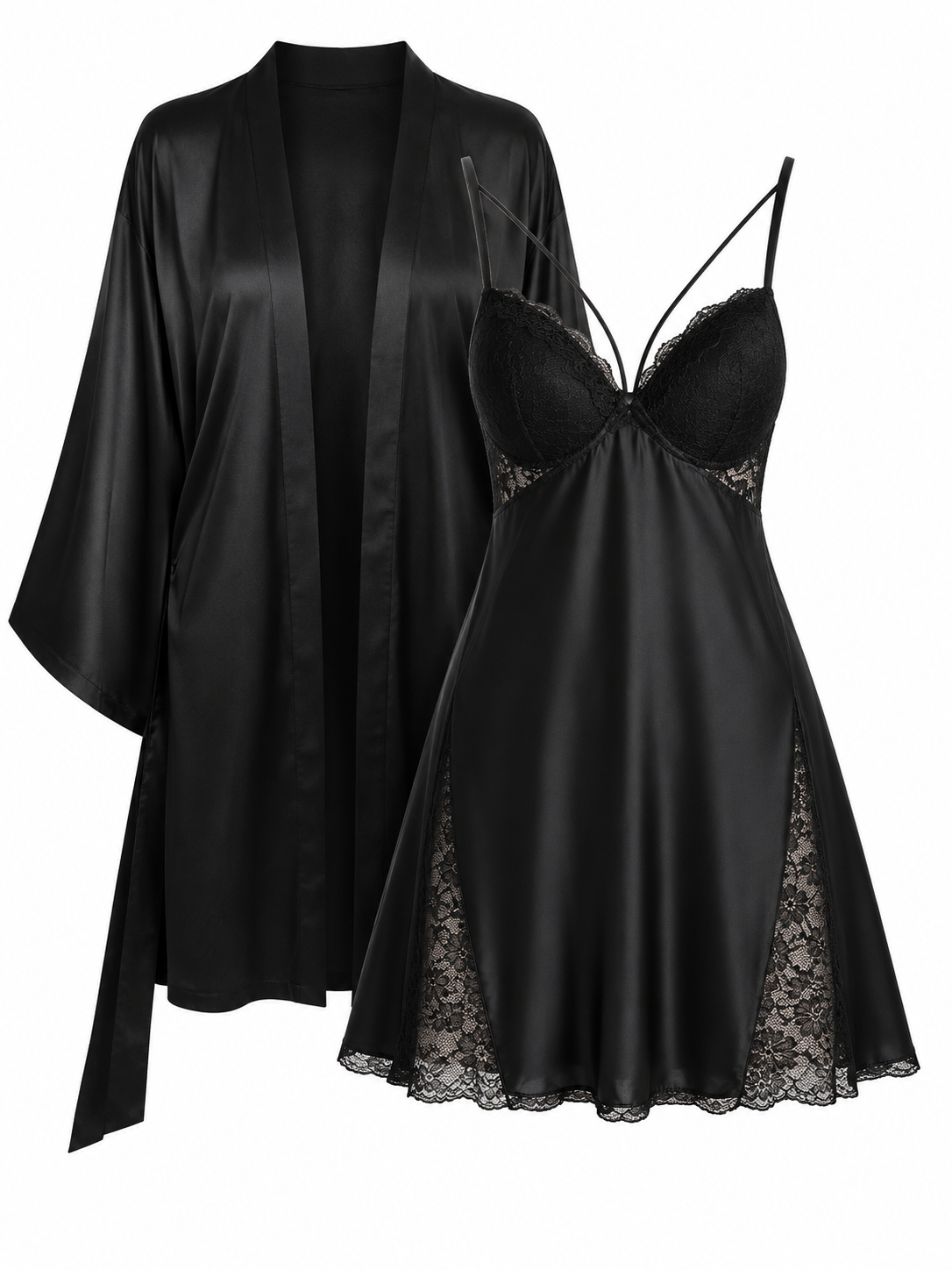 Model wearing Soft Noir wine red satin lace chemise nightdress and matching robe set