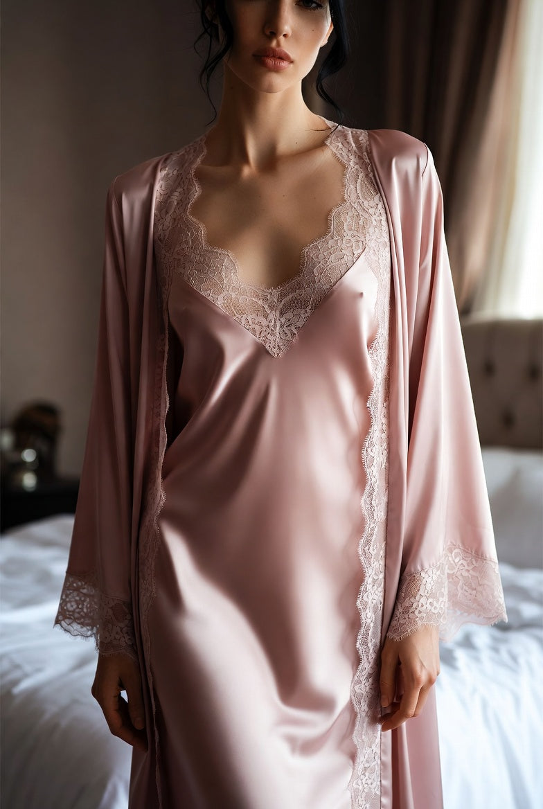 Blush pink lace trim satin slip dress and robe set by Soft Noir