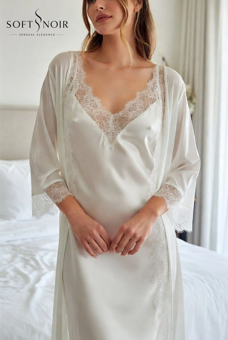 Ivory lace trim satin slip dress and robe set by Soft Noir