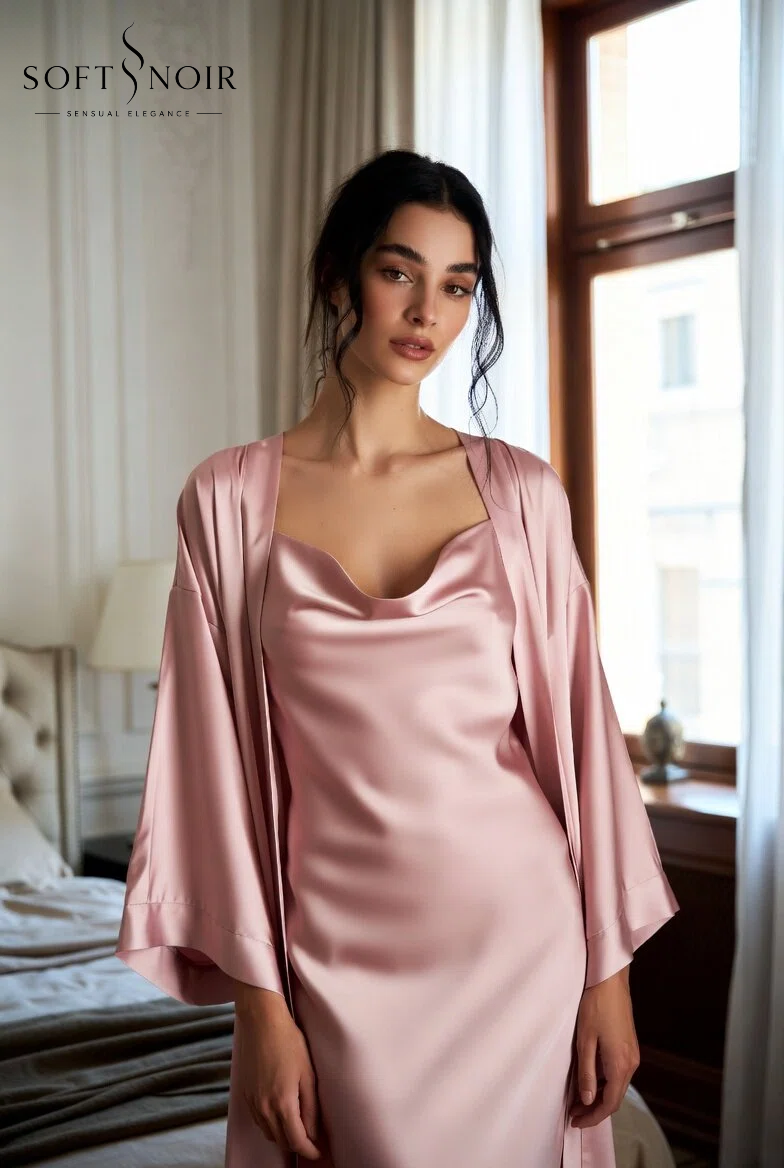 Blush pink satin cowl neck slip dress and robe sleepwear set by Soft Noir