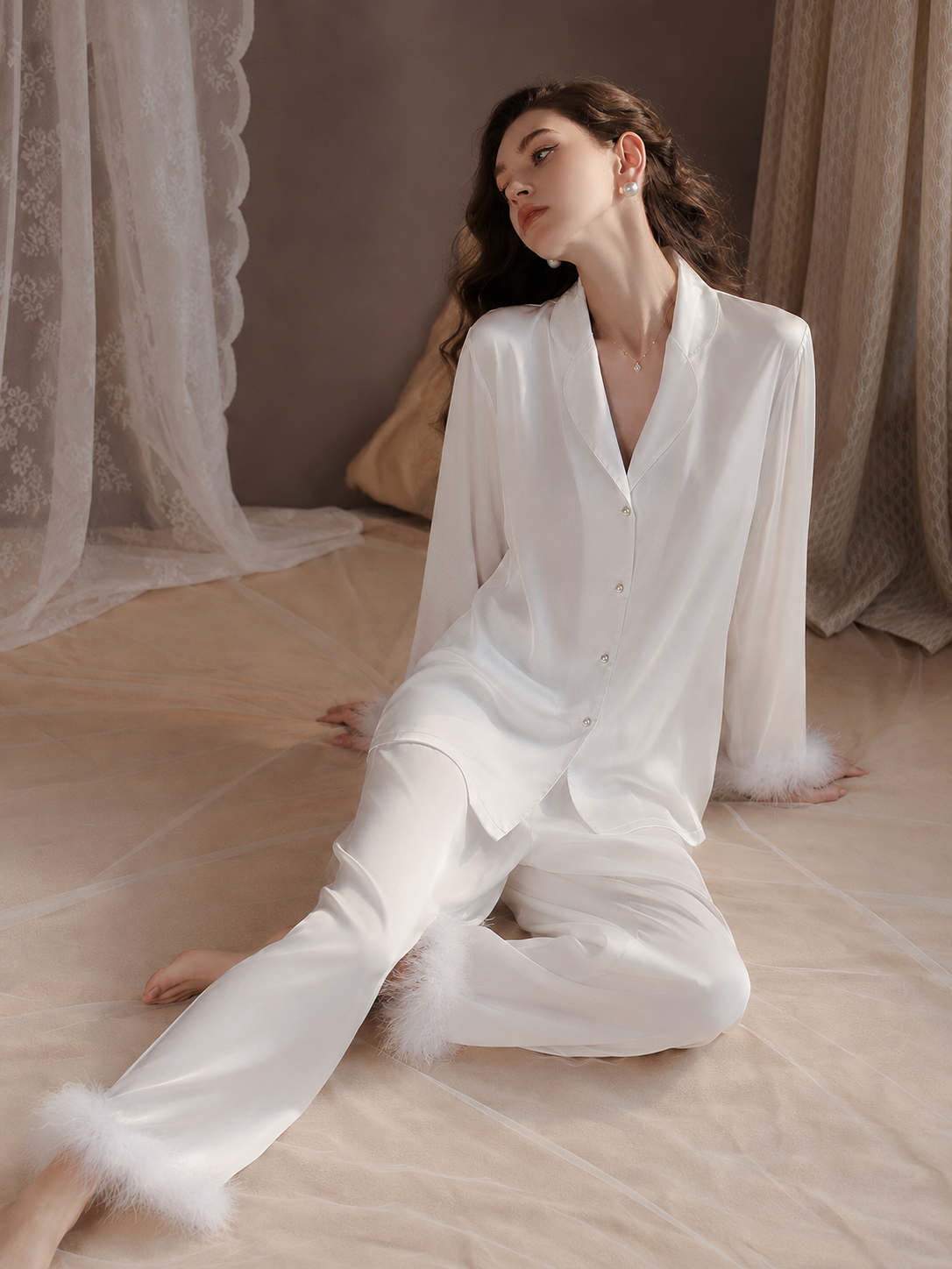 Elegant white ice silk lounge sleepwear set with lapel V-neck and feather details