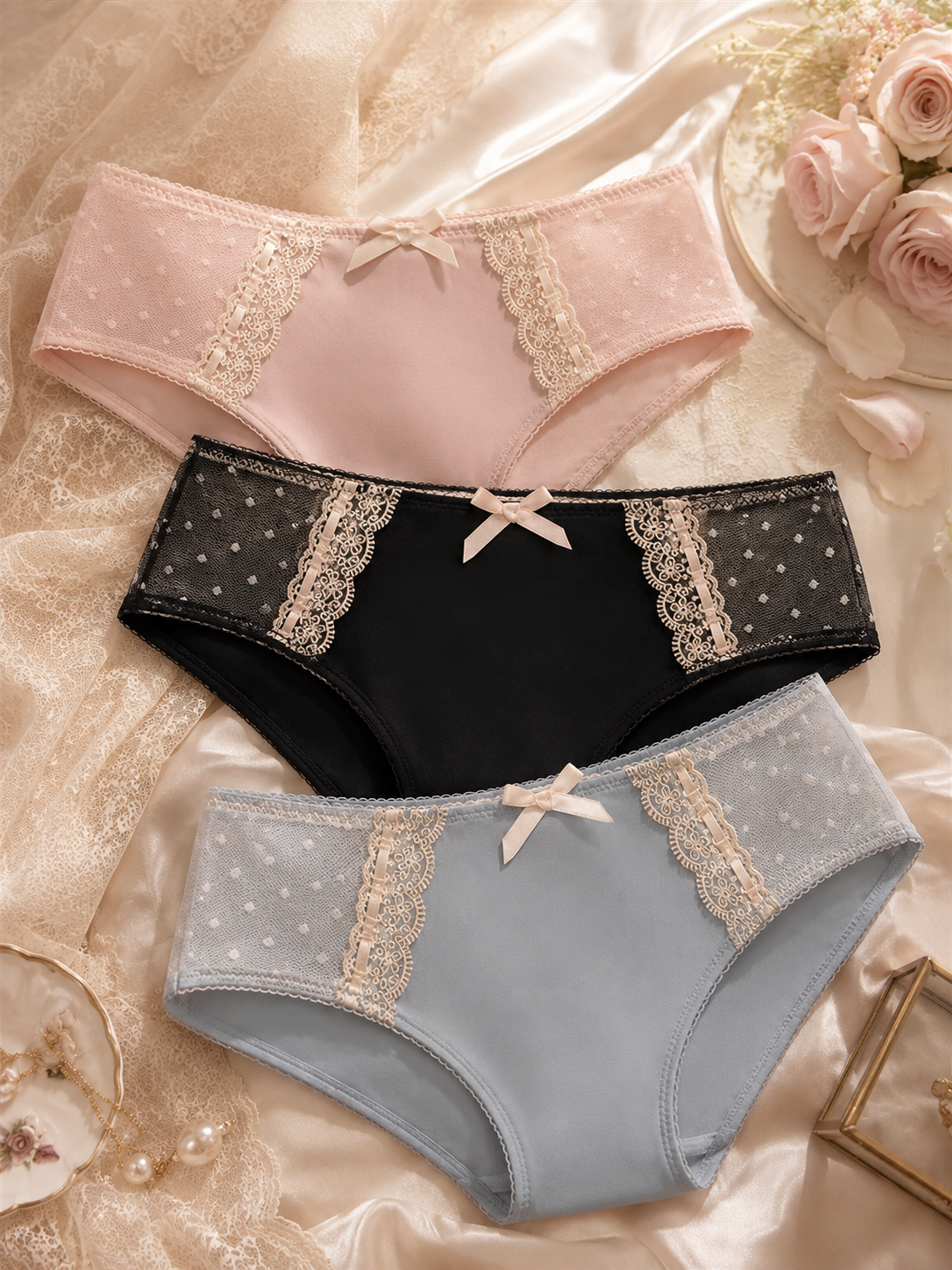 Soft Noir DK-002 Lace Trim Low-Rise Briefs – 3-Piece Panty Set