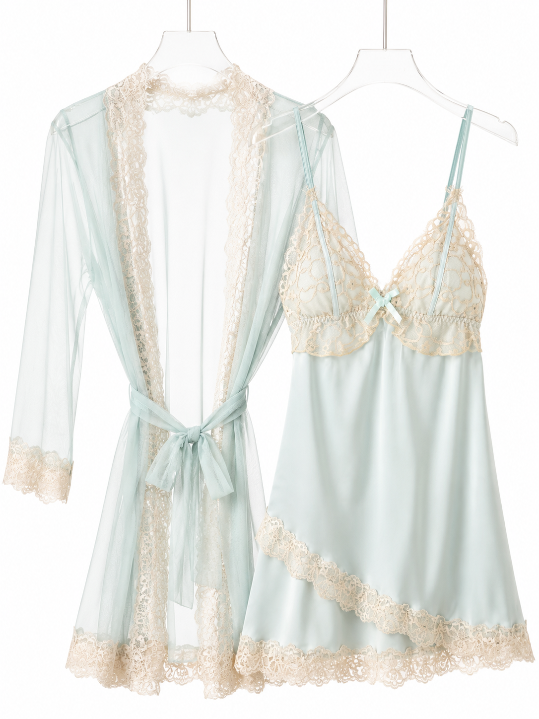 Soft Noir  SPT-004 Mint Lace-Trim Satin Slip & Sheer Robe Set