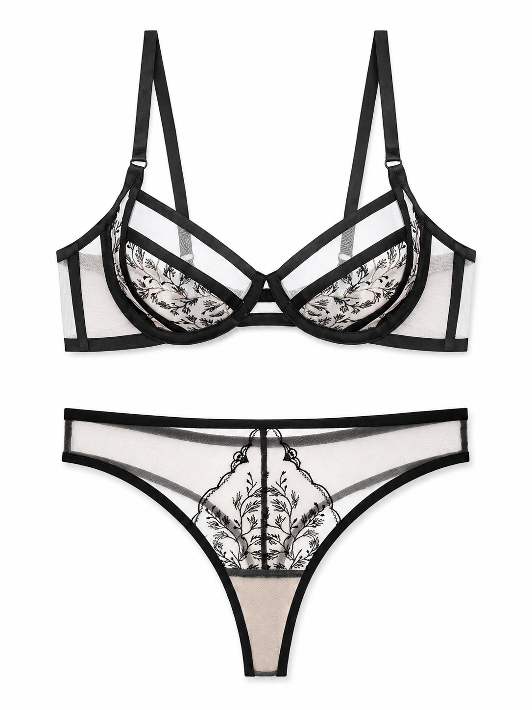 SOFT NOIR TZ-003 Sheer Embroidered Mesh Bra & Thong Set