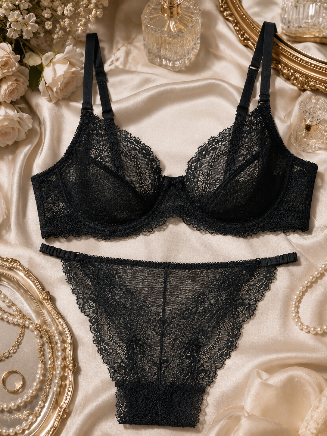 Soft  Noir TZ-004 Embroidered Mesh Bra & Panty Set