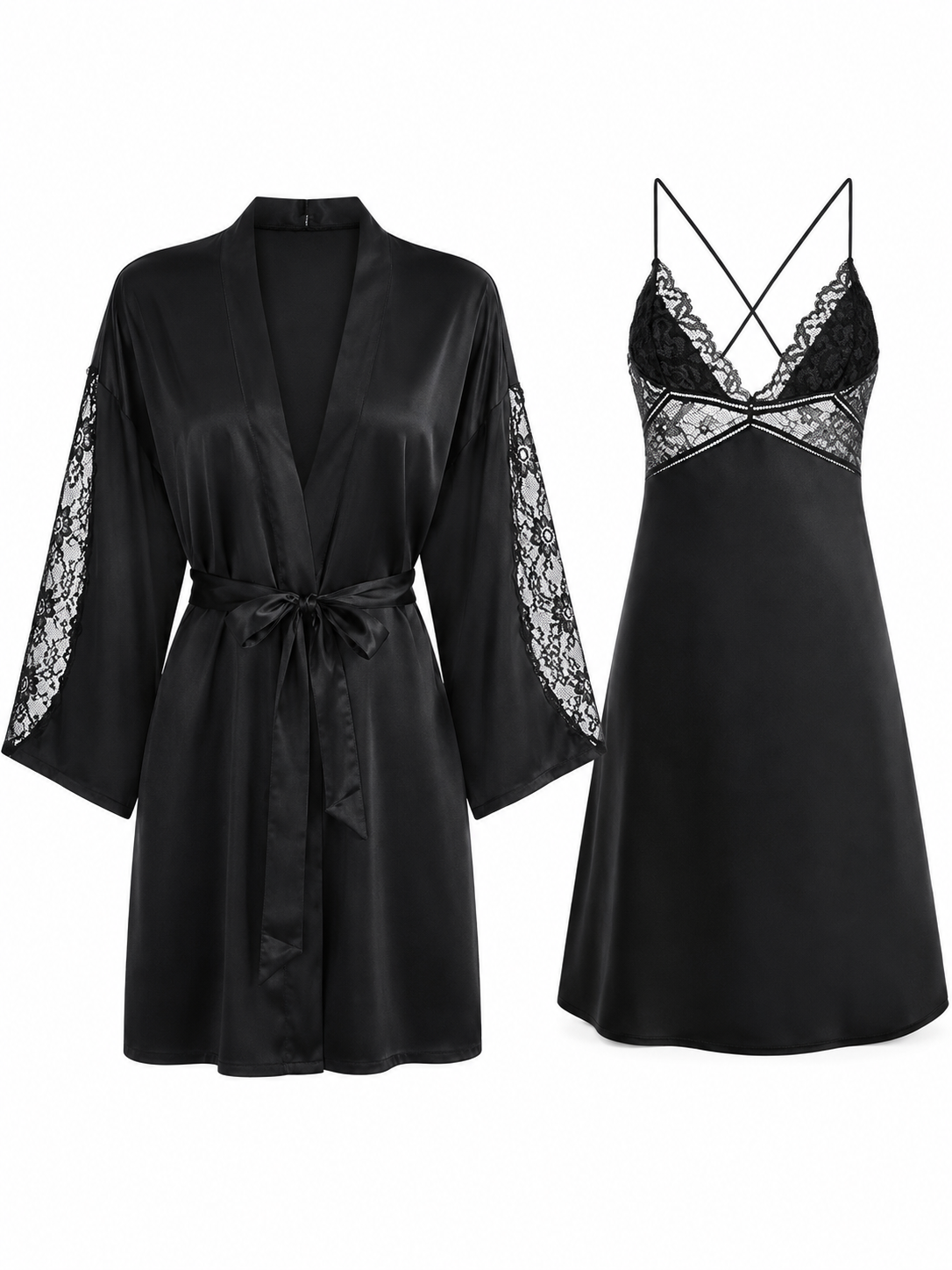 Soft Noir Satin SPT-006 Lace Robe & Slip Dress Set