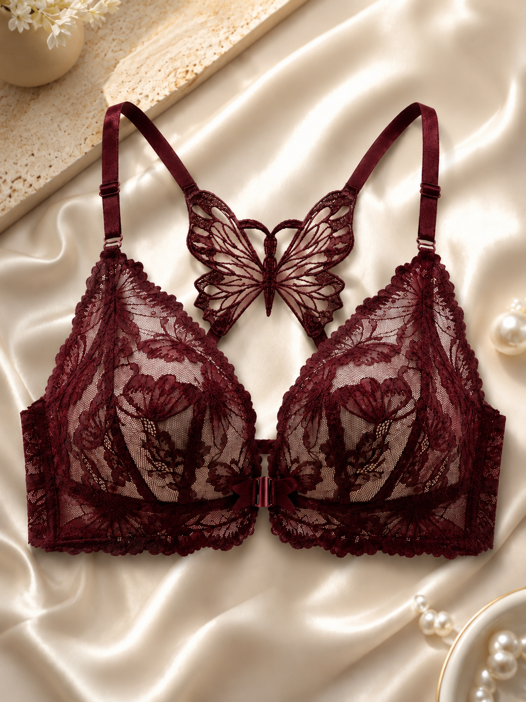 Soft Noir XZ-006 Butterfly Lace Front-Closure Wireless Bra