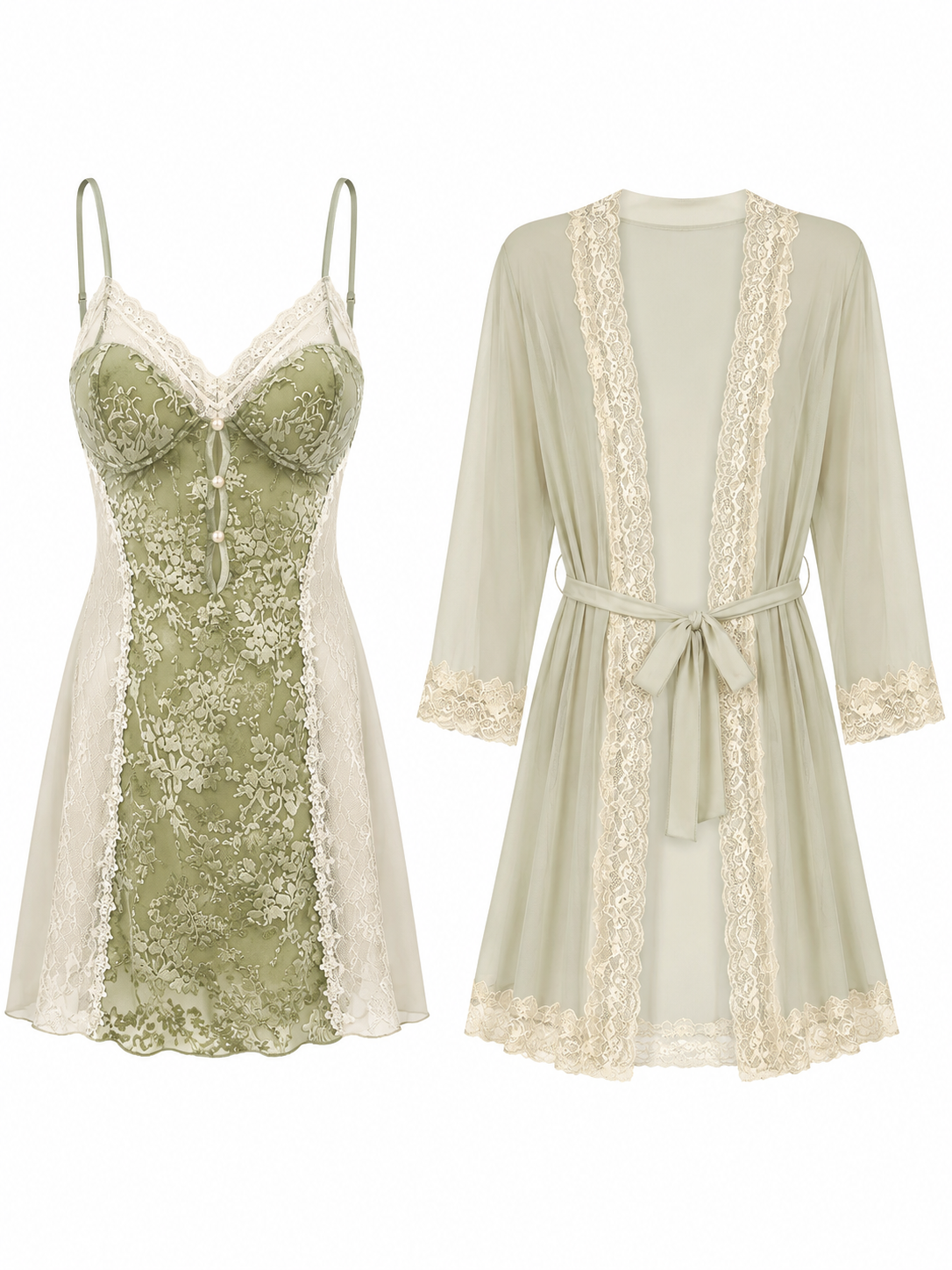 Soft Noir Aurora Lace Embroidered Chemise & Sheer Robe Set