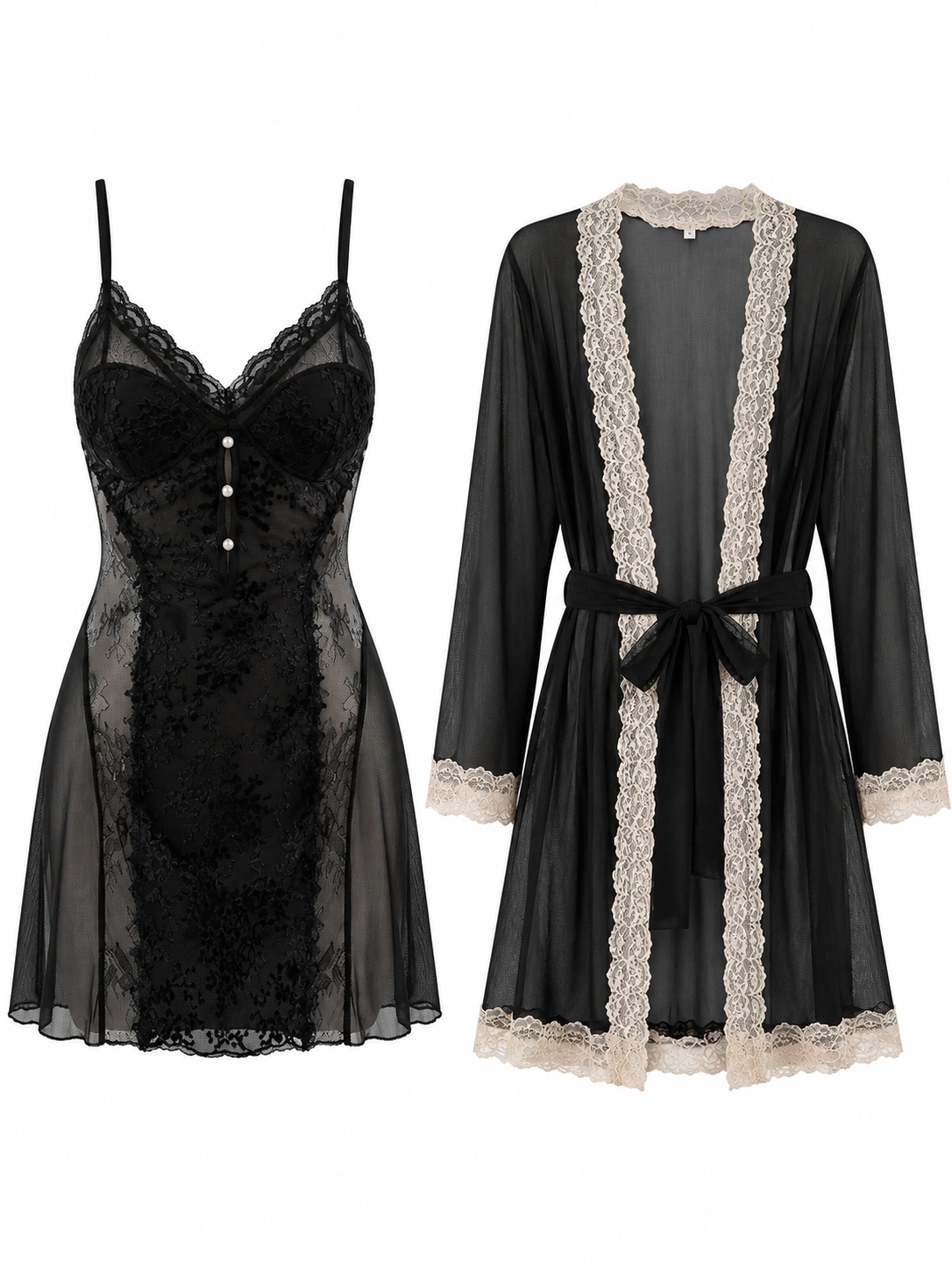 Soft Noir Aurora Lace Embroidered Chemise & Sheer Robe Set