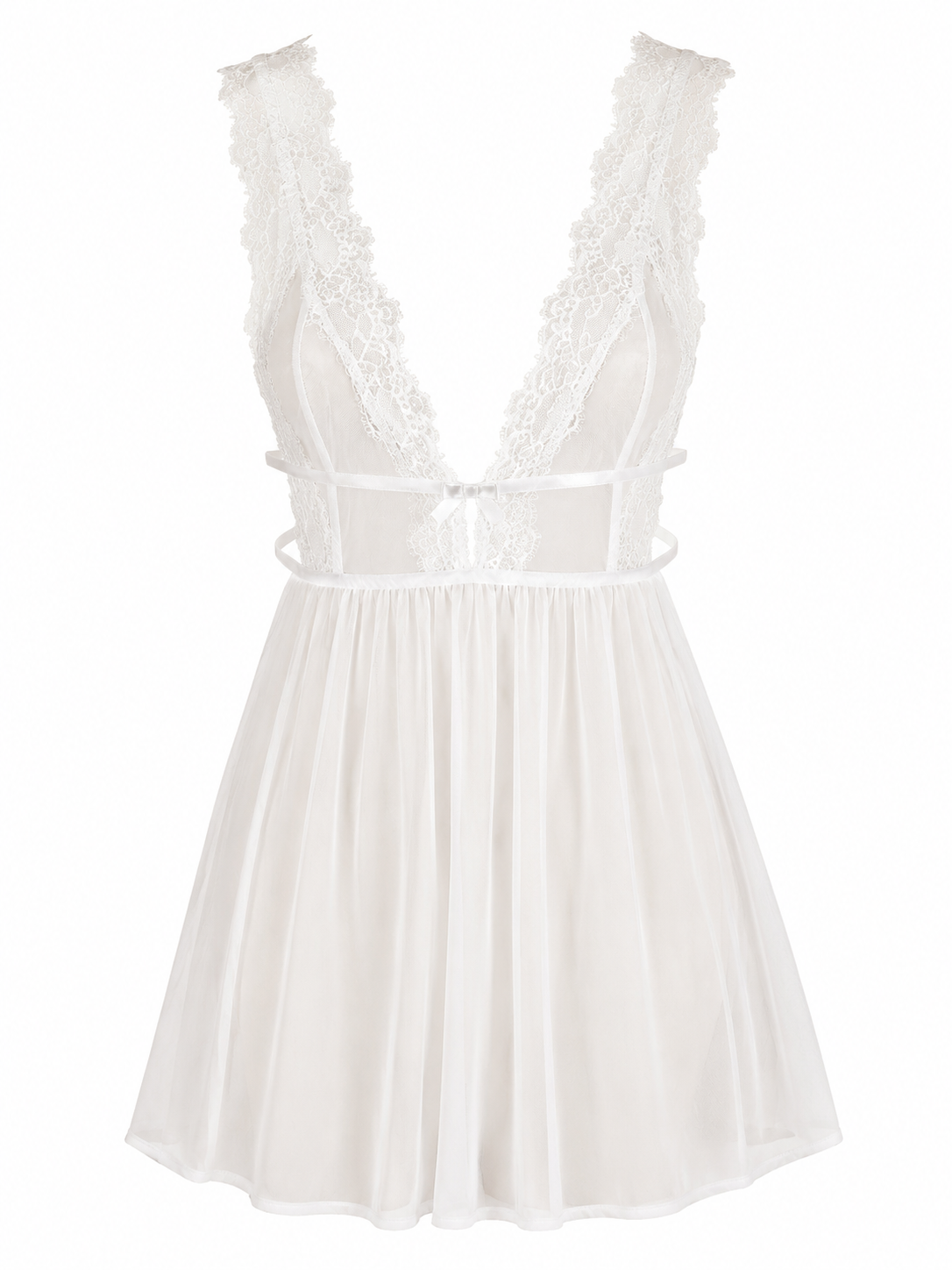 Soft Noir Sheer Lace Mesh Babydoll Nightgown – Deep V Lingerie Dress