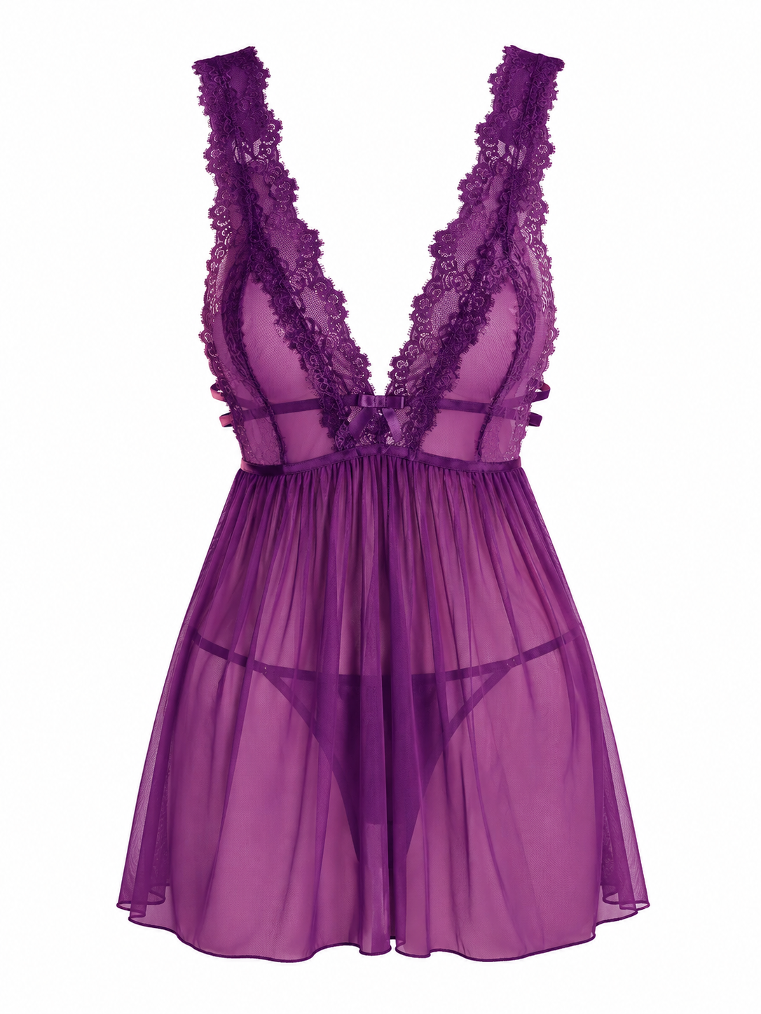 Soft Noir Sheer Lace Mesh Babydoll Nightgown – Deep V Lingerie Dress