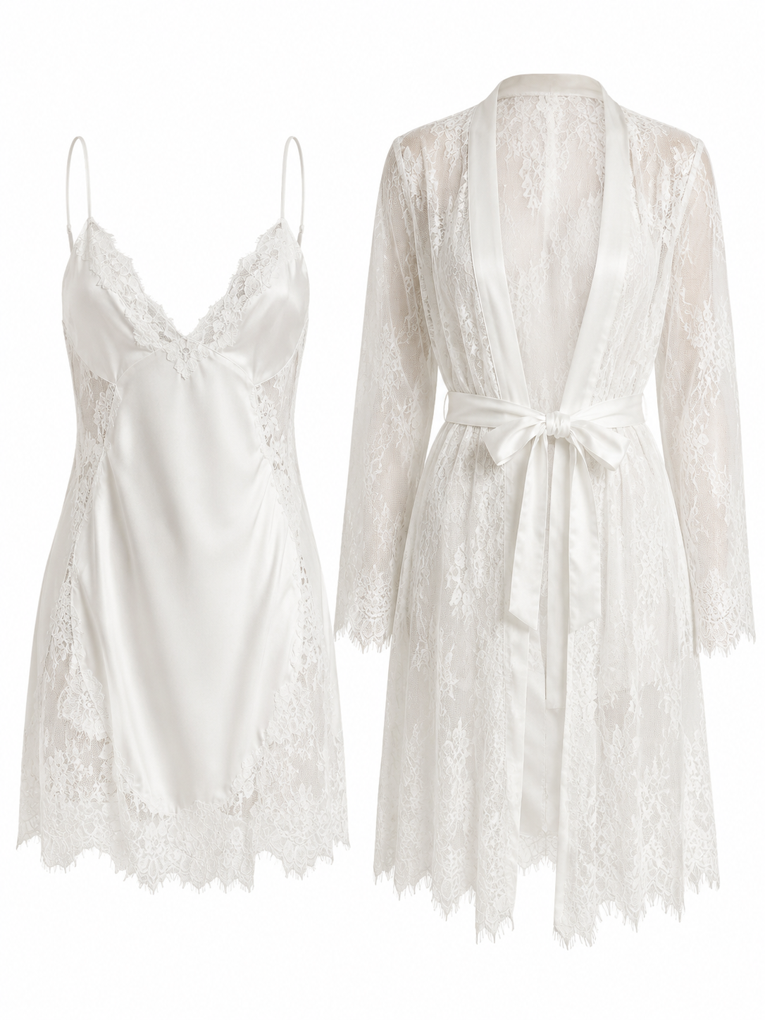 Soft Noir Lace Satin Slip Dress & Robe Set – Romantic Bridal Nightgown