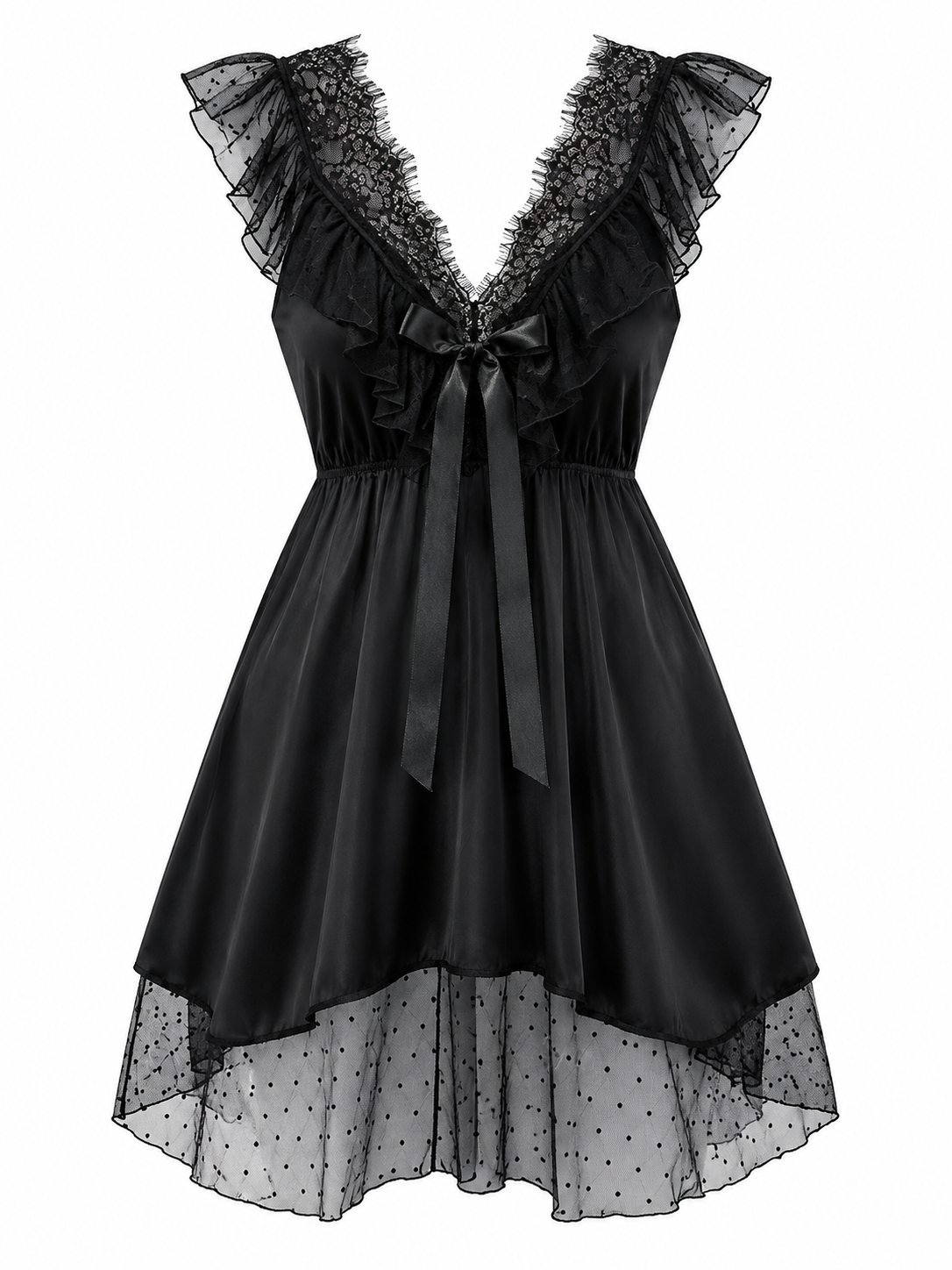 Soft Noir Lace Ruffle Mesh Nightdress – Romantic Bow Front Sleep Dress