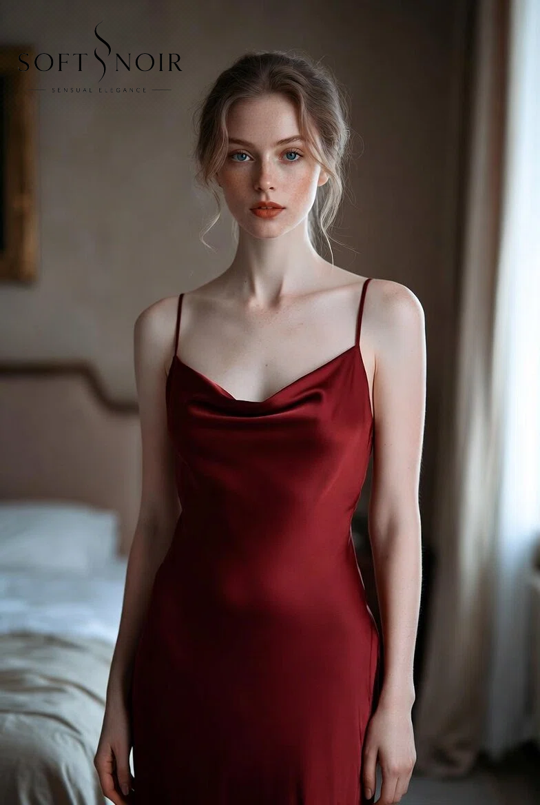 Soft Noir SP-006 Silk-Like Satin Slip Dress Nightgown for Women