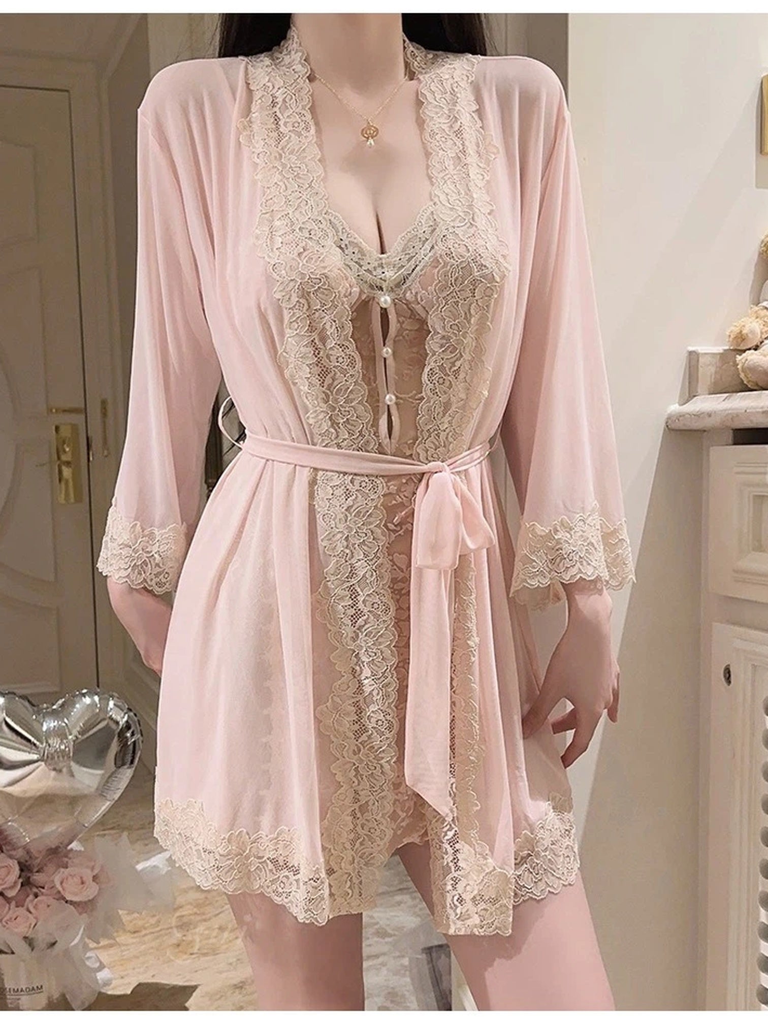 Soft Noir Aurora Lace Embroidered Chemise & Sheer Robe Set