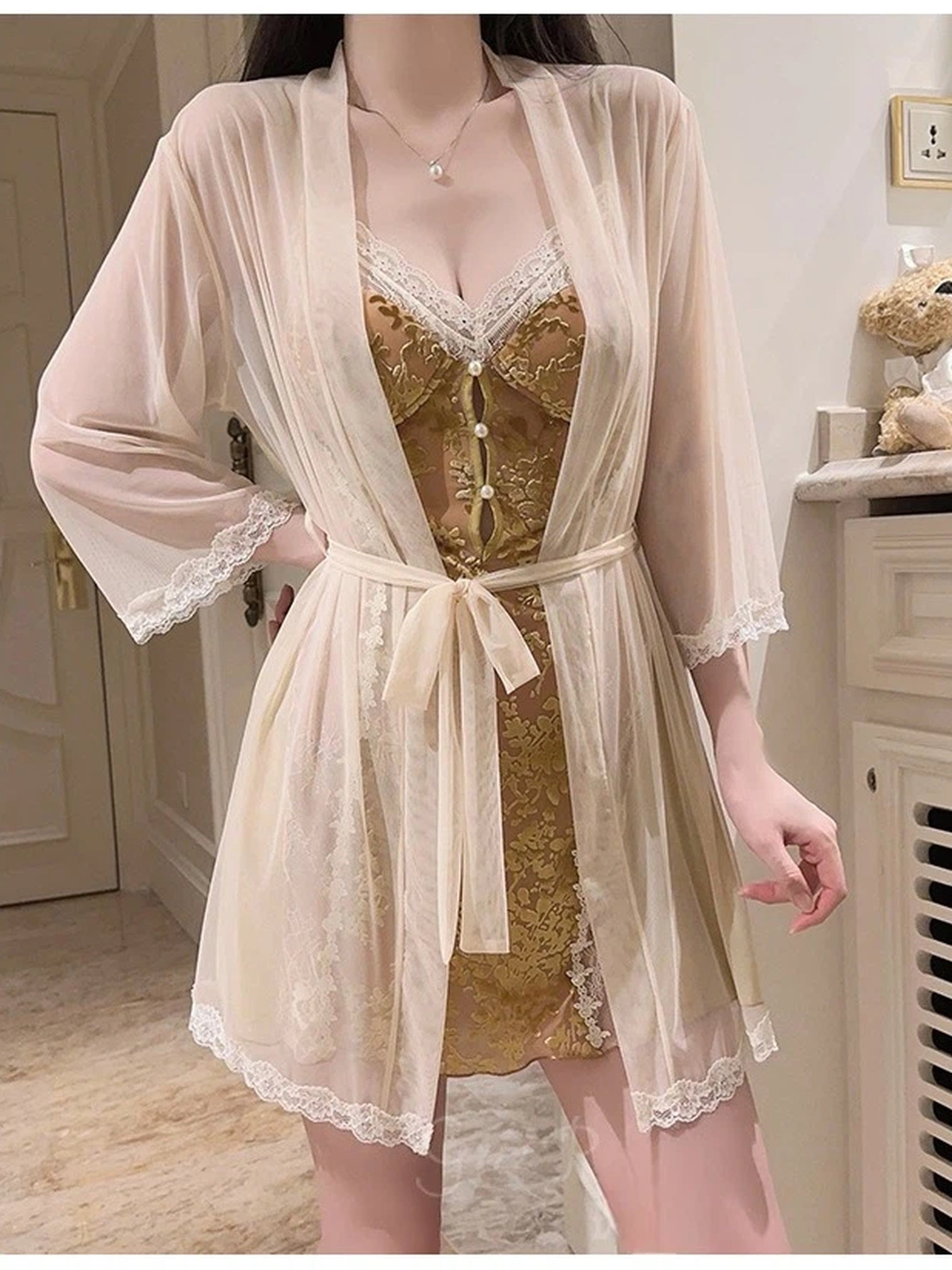 Soft Noir Aurora Lace Embroidered Chemise & Sheer Robe Set