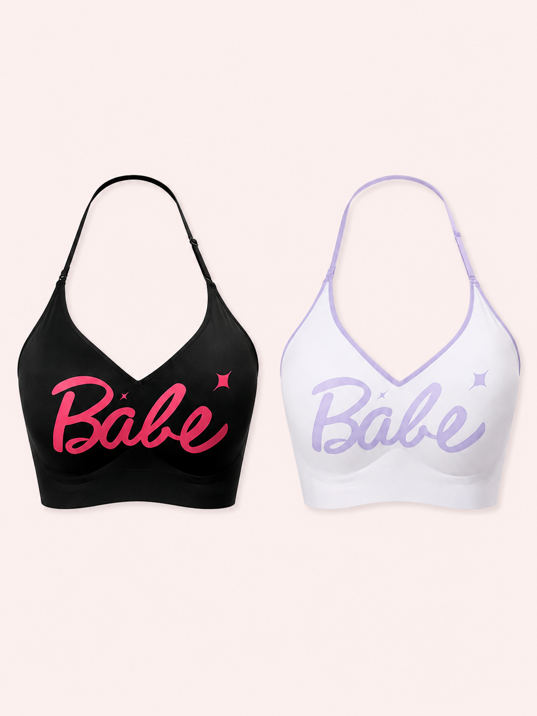 Soft Noir Babe Graphic Halter Bra in black + lavender for refined lingerie styling