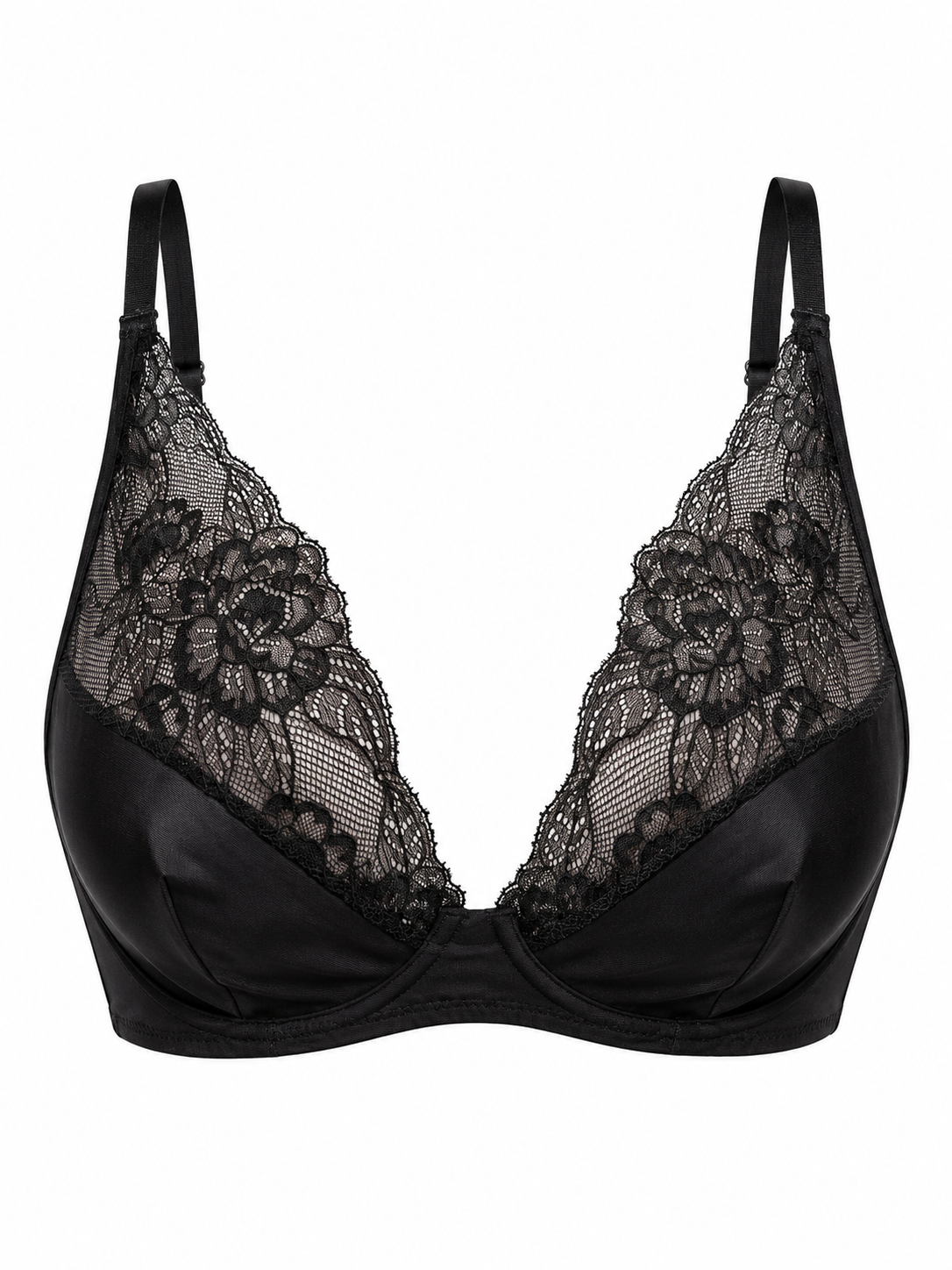 Soft Noir black floral lace underwire bra on white background