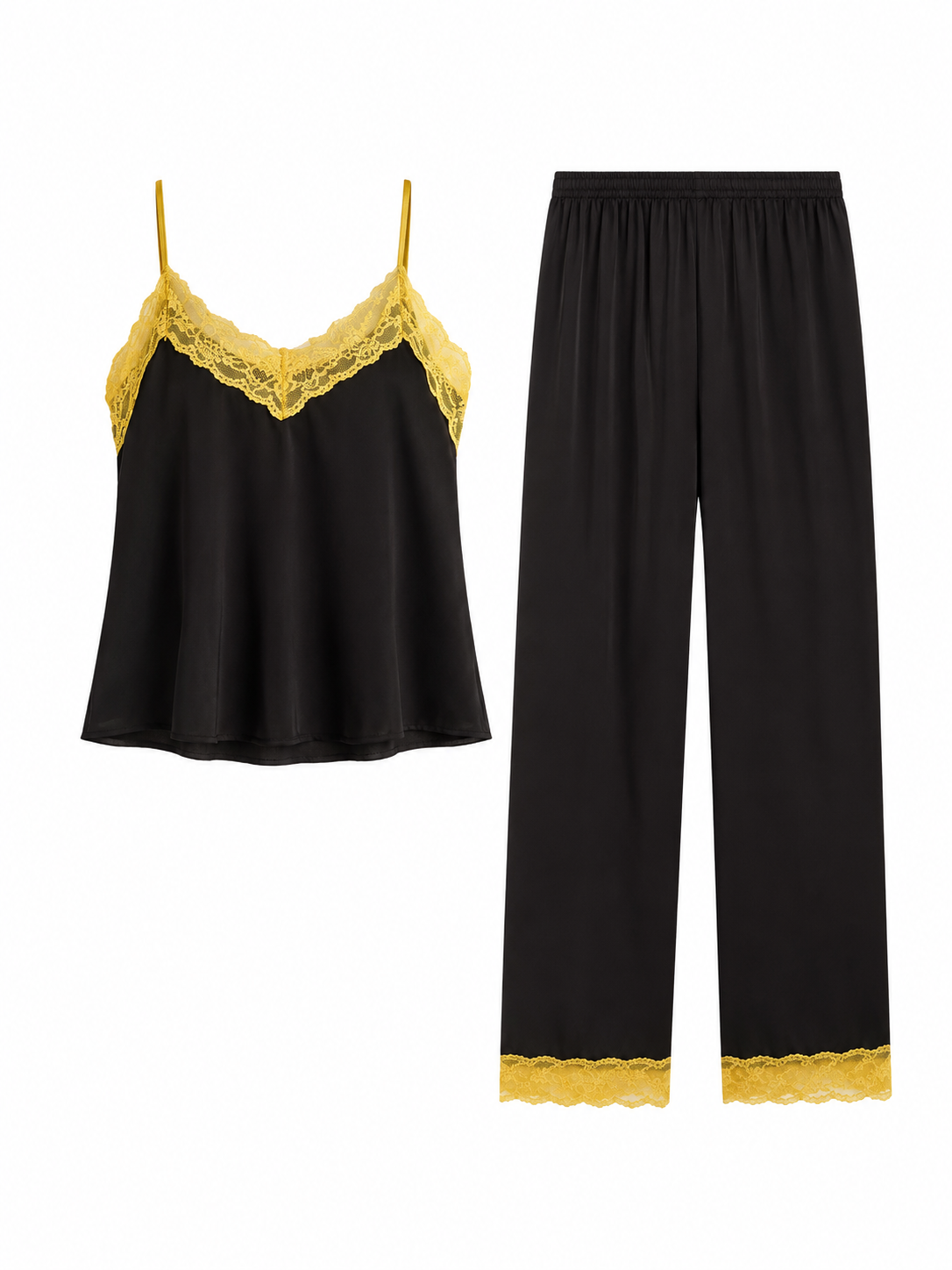 Black cami and pants pajama set with golden lace trim on white background