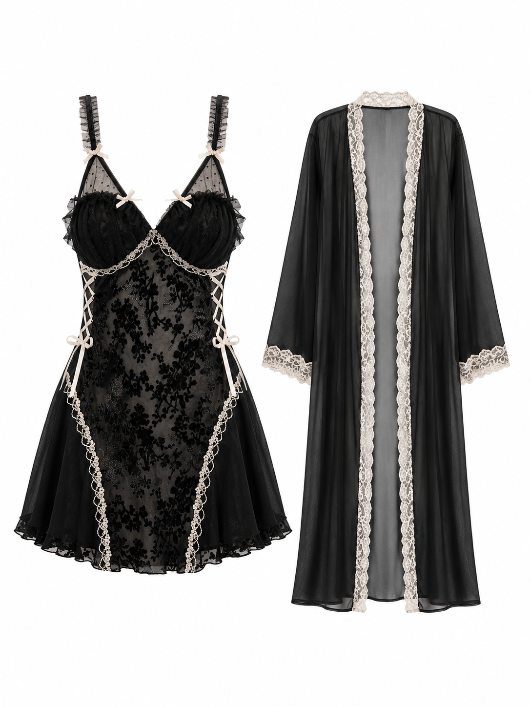 Soft Noir black lace babydoll dress and sheer robe set on white background