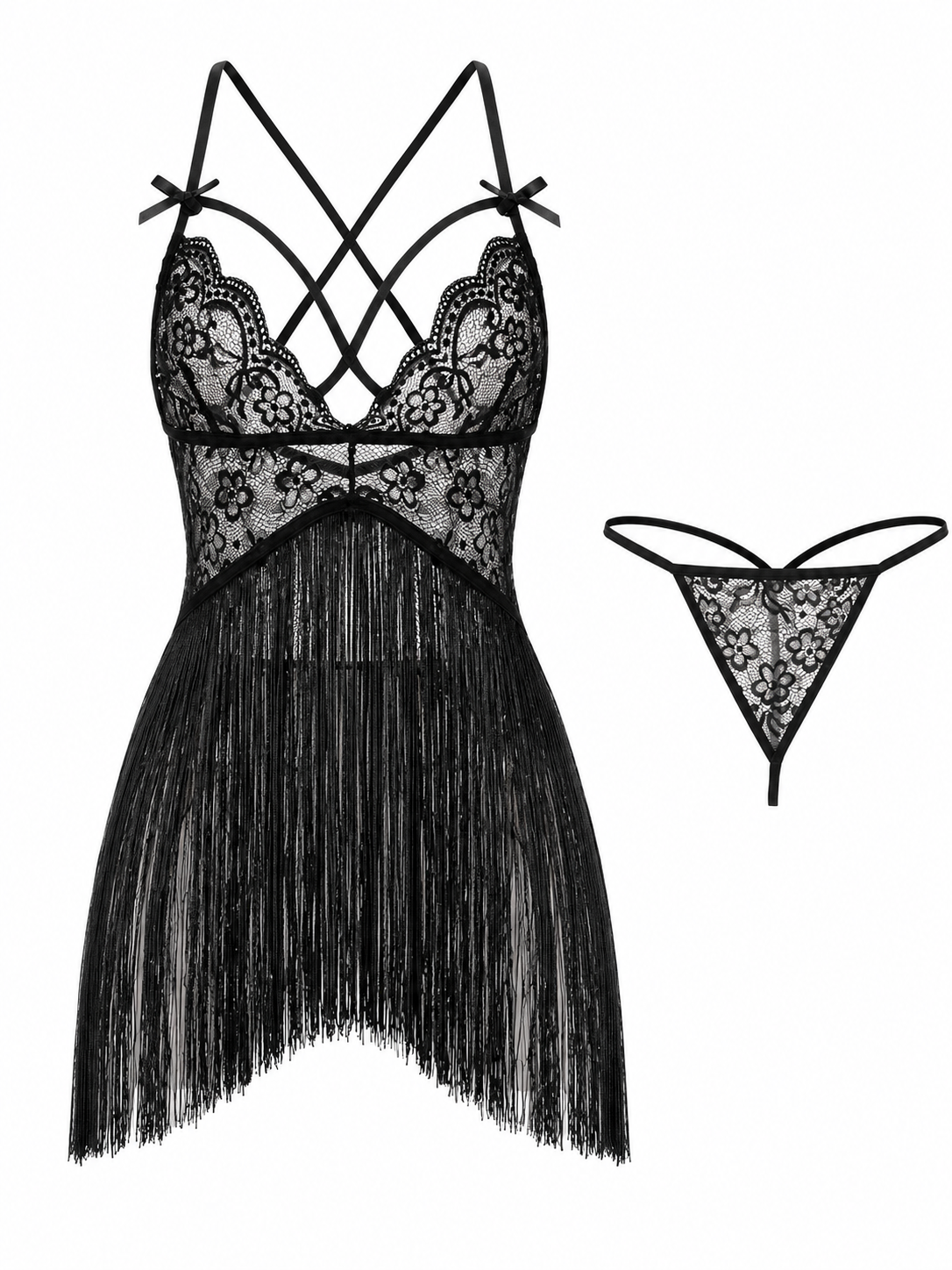 Soft Noir black lace fringe babydoll lingerie set with matching thong on white background