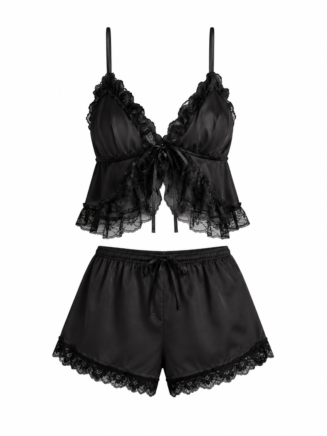 Black lace satin cami and shorts pajama set on white background