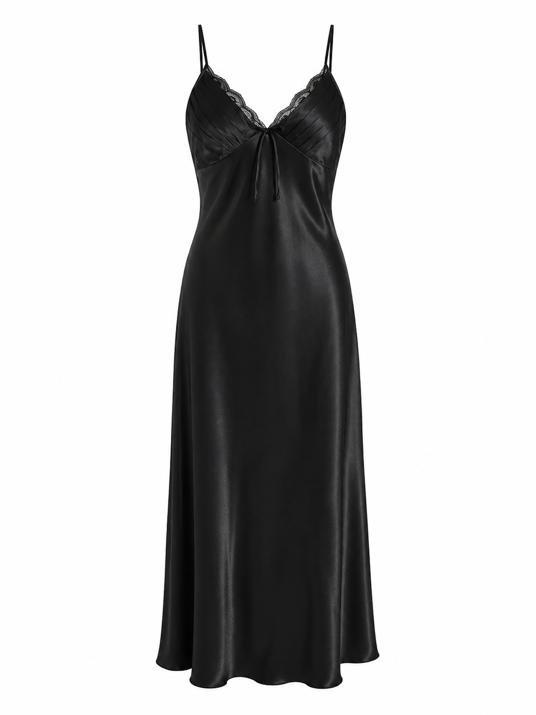 Black lace trim satin slip nightgown with pleated cups and bow detail