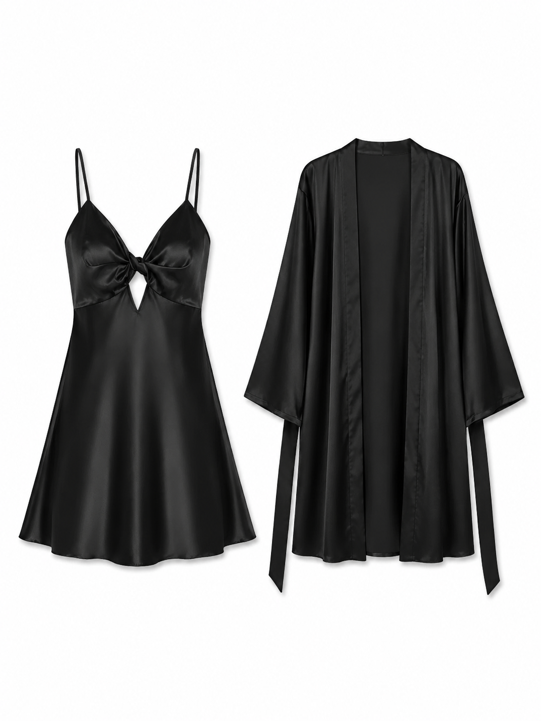 Black satin bow chemise and matching robe set on white background