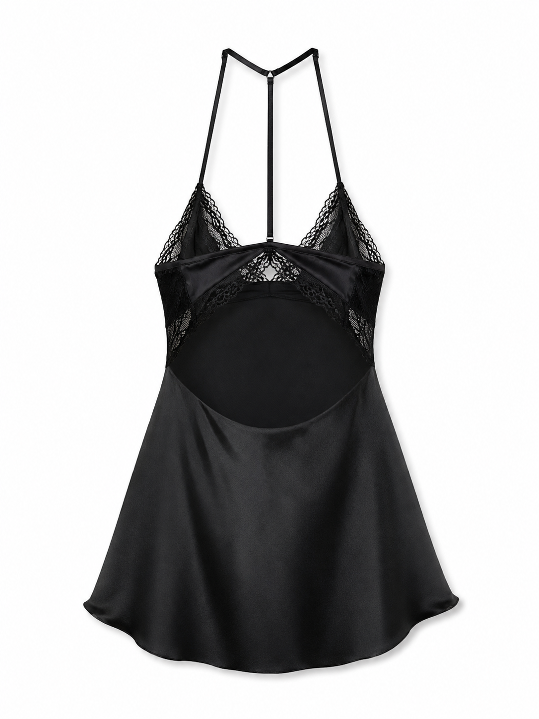 Back view of black satin lace babydoll chemise with low open back and thin strap detail on white background