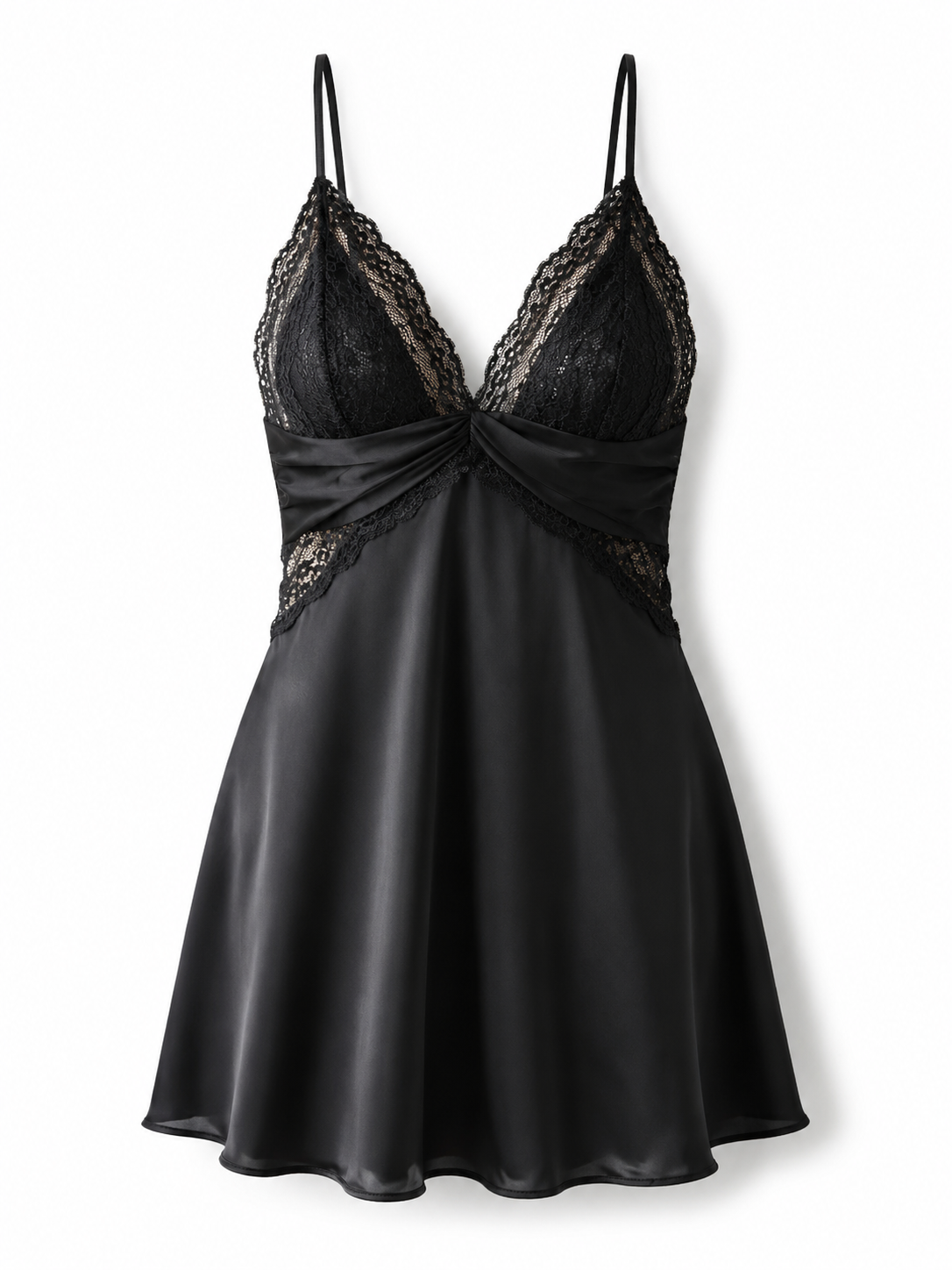 Black satin lace babydoll slip dress with V-neck lace cups and ruched underbust detail on white background