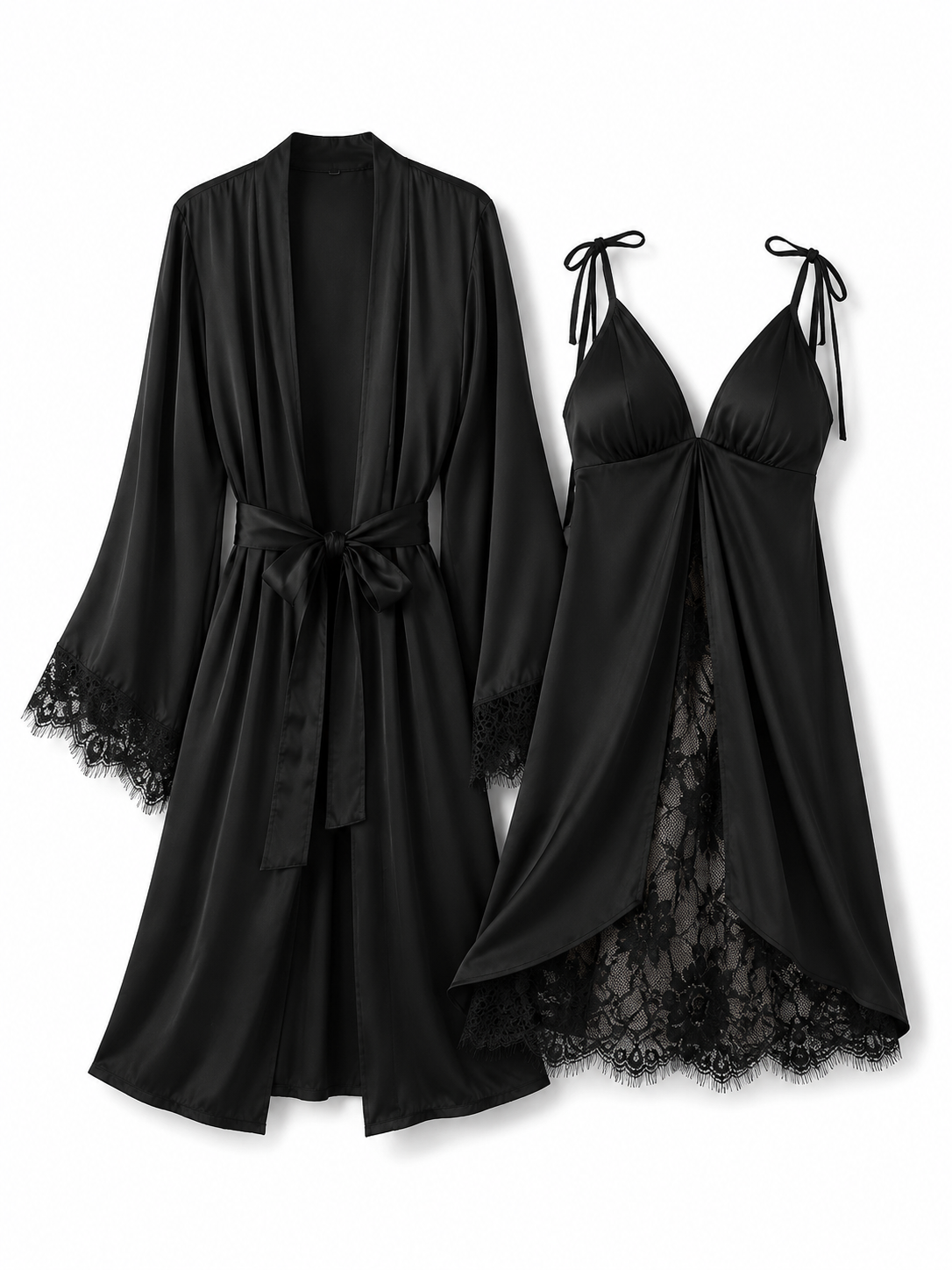 Soft Noir black satin lace panel chemise nightdress and matching robe set on white background