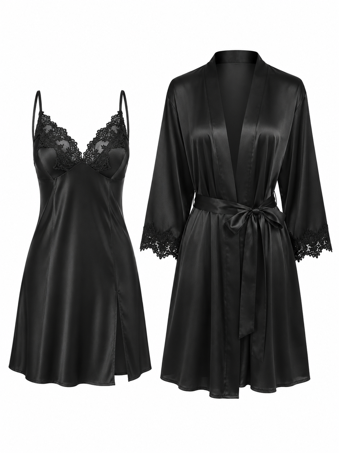 Soft Noir black satin lace slip dress and matching robe set on white background