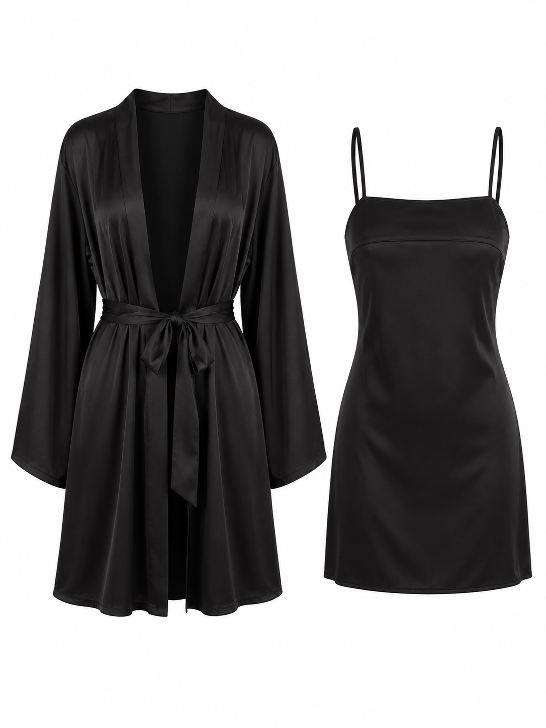 Black satin robe and slip dress set on white background