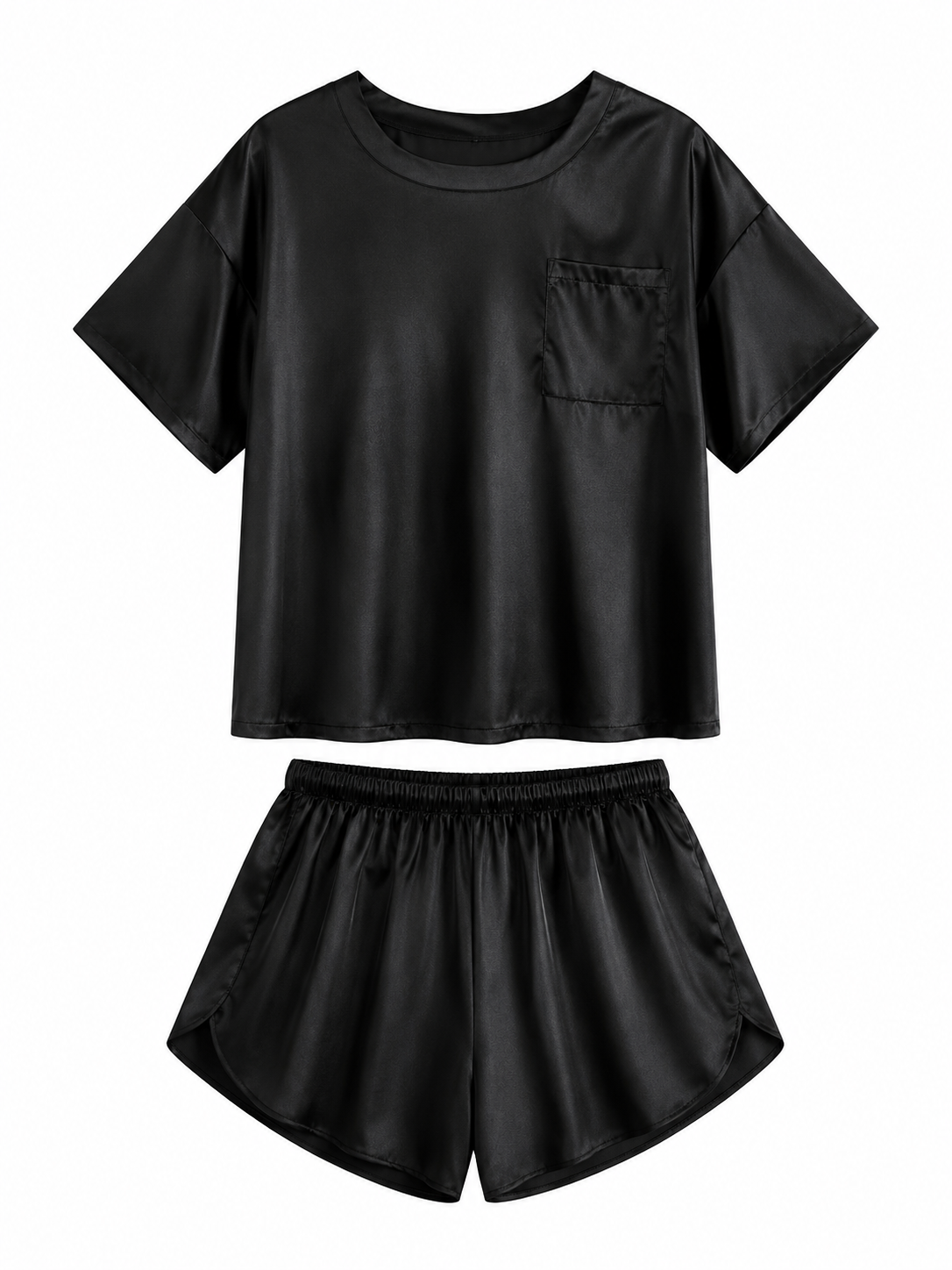 Soft Noir black satin short sleeve pajama shorts set on white background