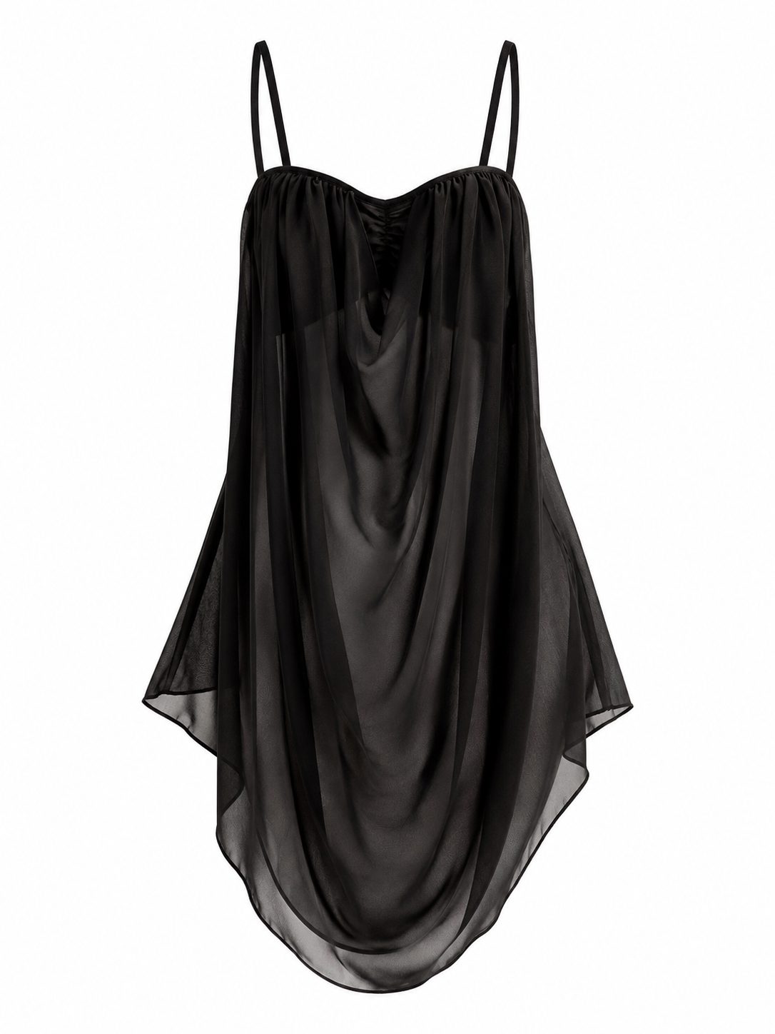Black sheer chiffon babydoll sleep dress on white background