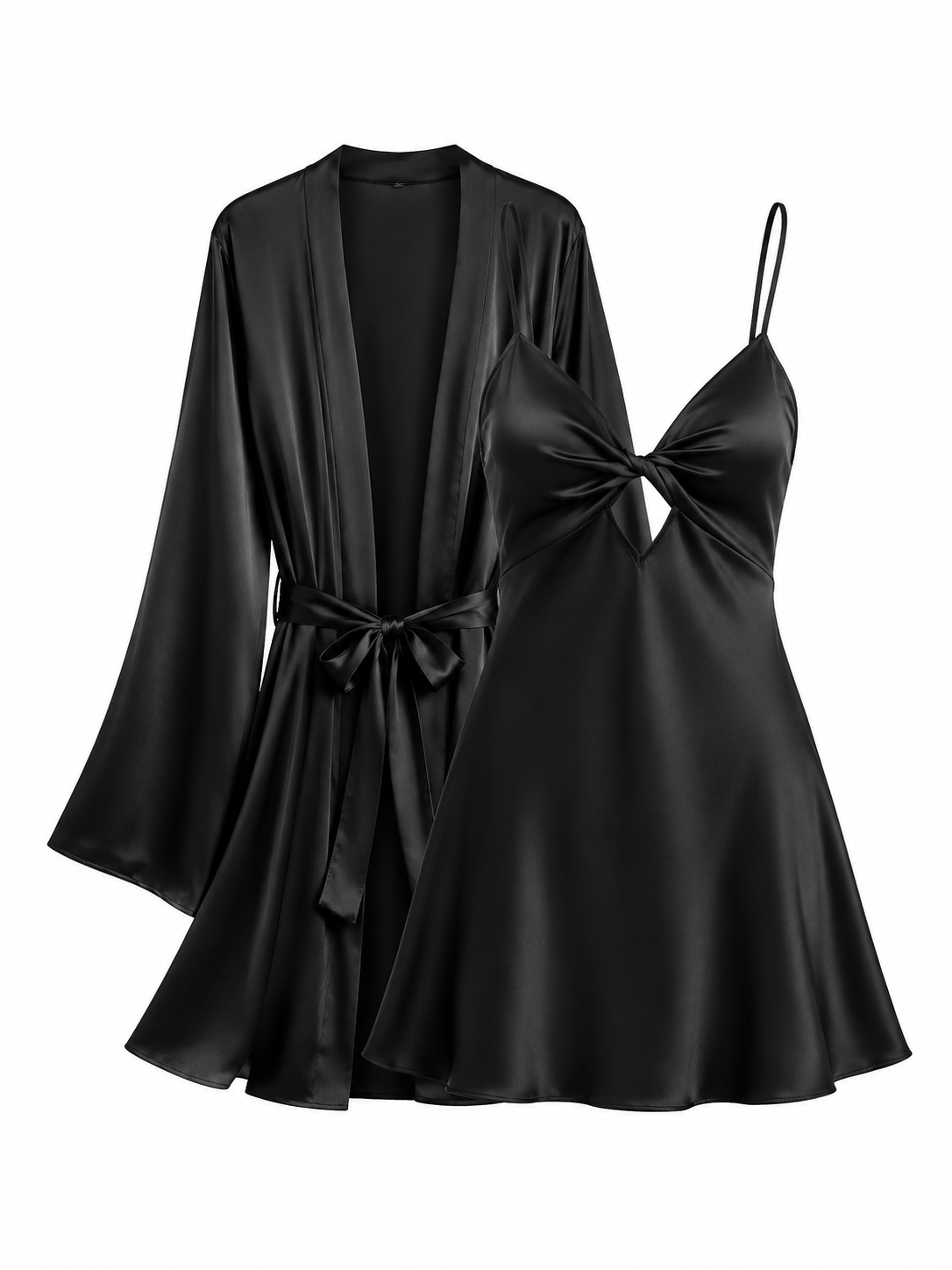 Soft Noir black twist front satin slip dress and matching robe set on white background