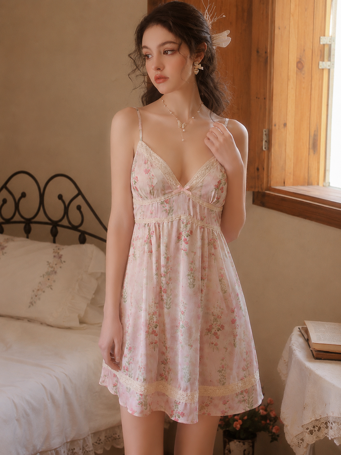 Model wearing Soft Noir blush floral lace trim cami nightgown while sitting in a warm bedroom