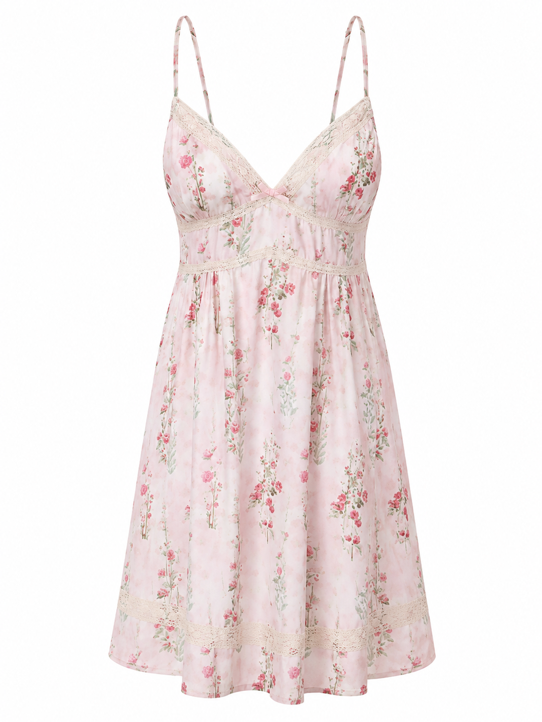 Soft Noir blush floral lace trim cami nightgown on white background