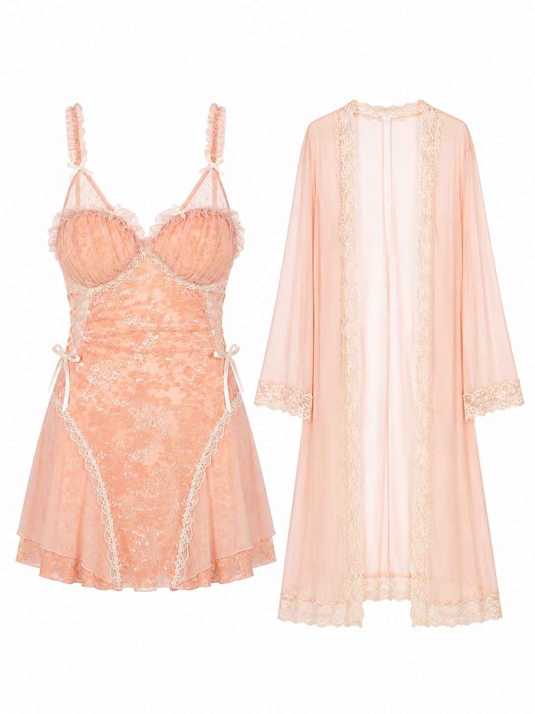 Soft Noir blush peach lace babydoll dress and sheer robe set on white background