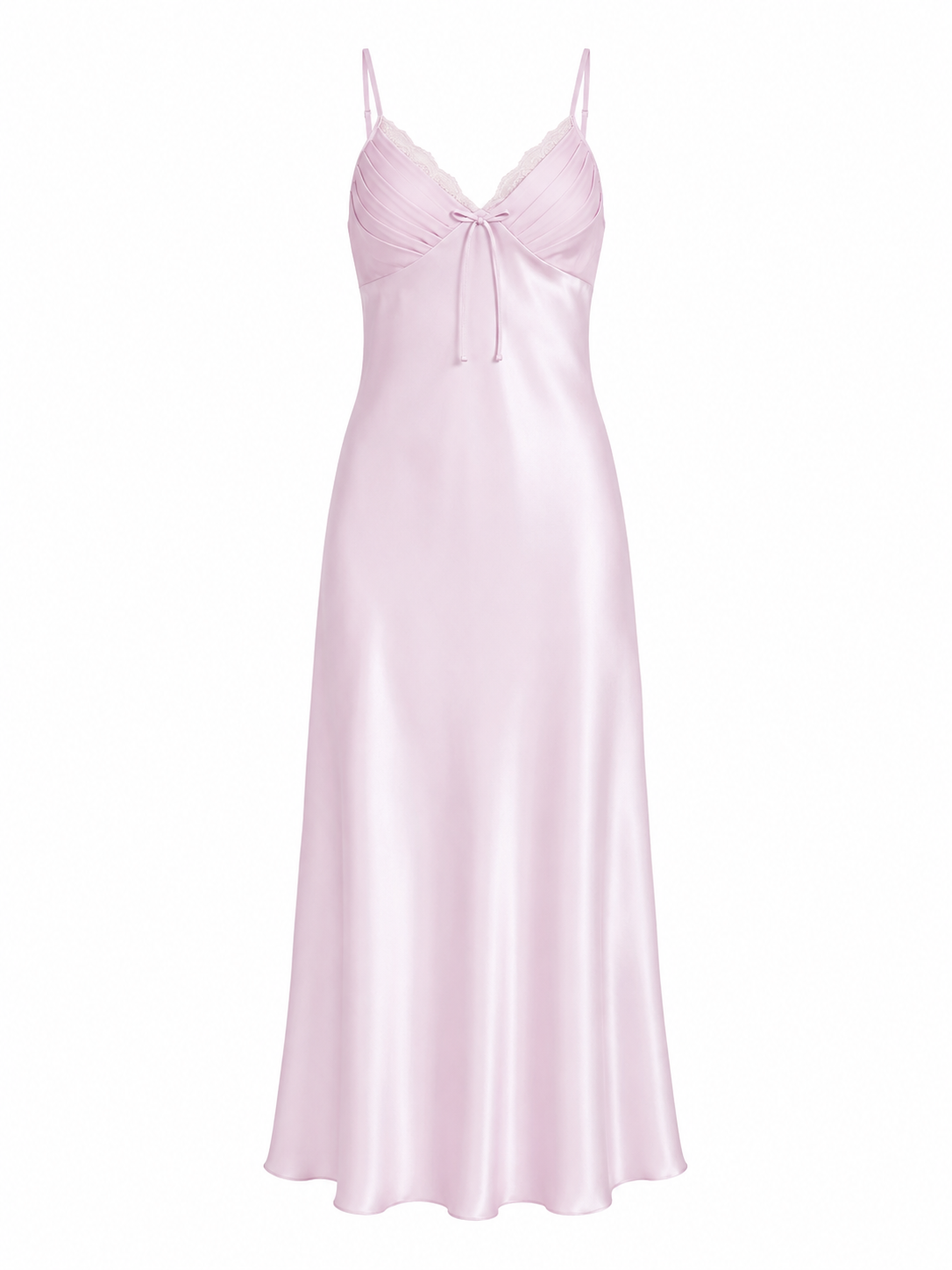 Blush pink lace trim satin slip nightgown with pleated bust