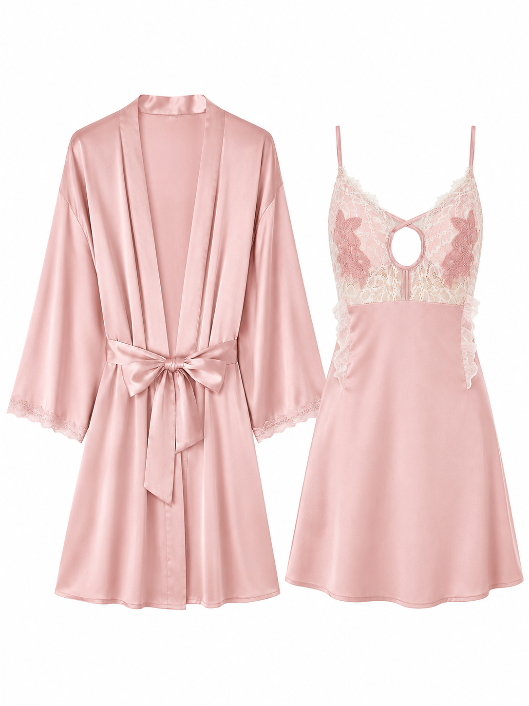 Blush pink satin lace chemise and matching robe set on white background