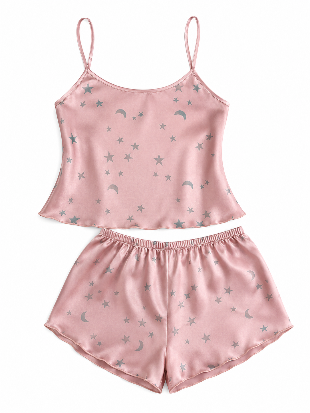 Soft Noir blush pink star and moon satin cami pajama set on white background