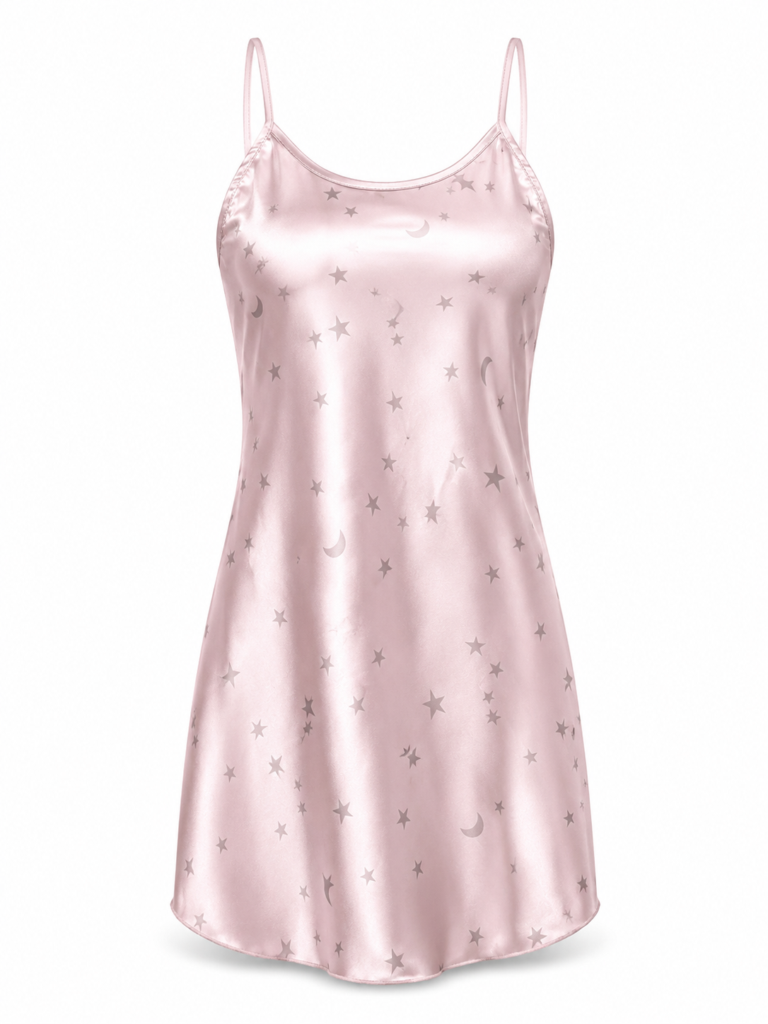 Soft Noir blush pink star moon satin slip dress on white background