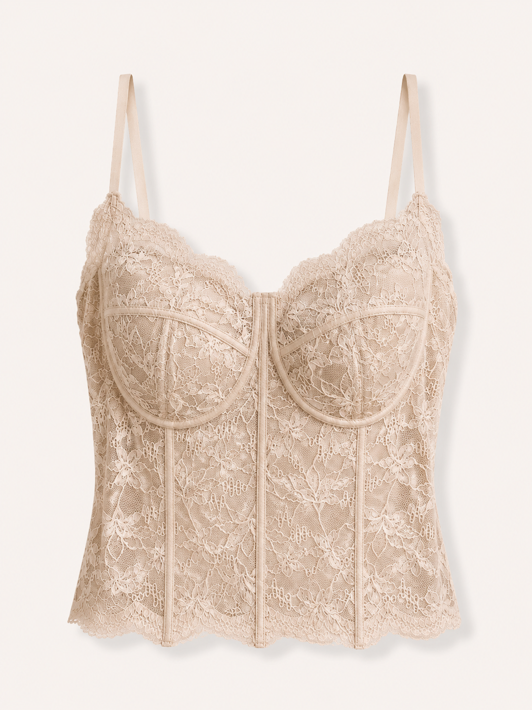 Soft Noir Boned Lace Longline Camisole in beige for refined lingerie styling