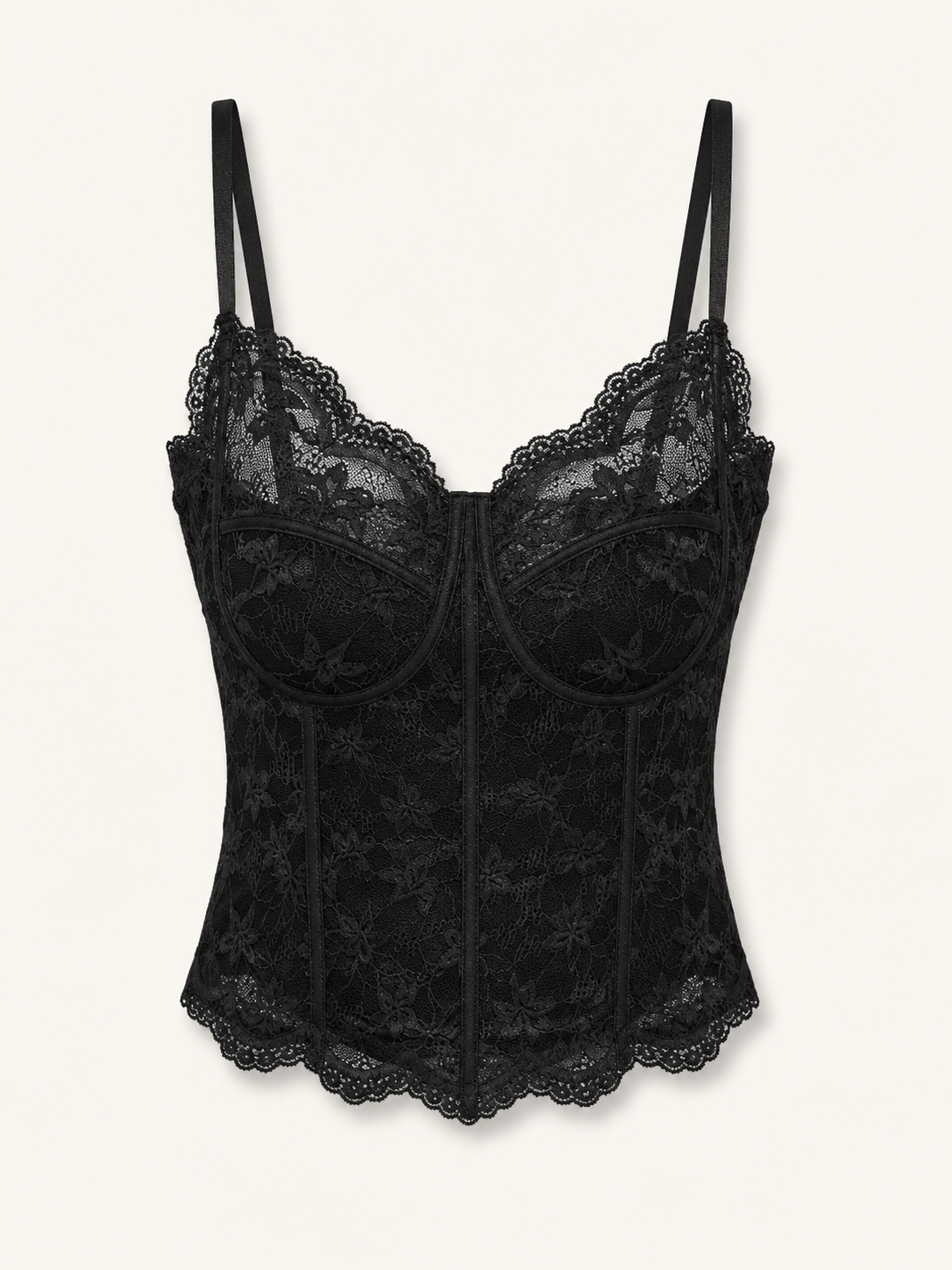 Soft Noir Brushed Lace Bustier Camisole in black for refined lingerie styling