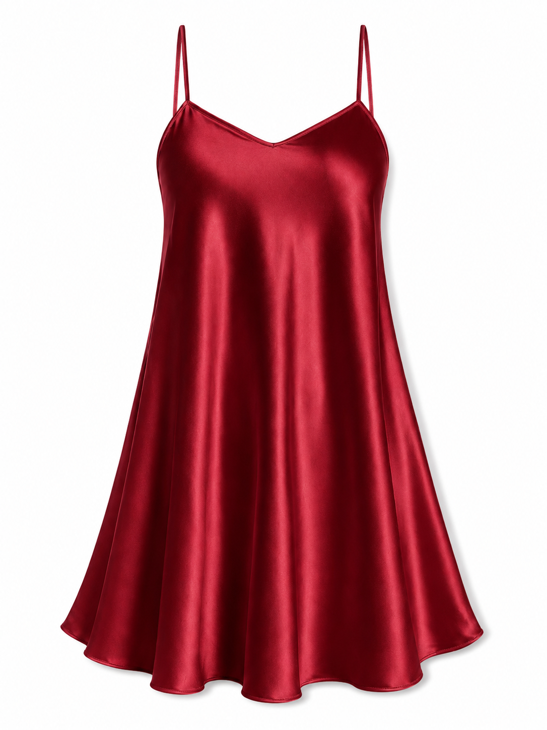 Burgundy satin chemise nightgown with spaghetti straps on white background