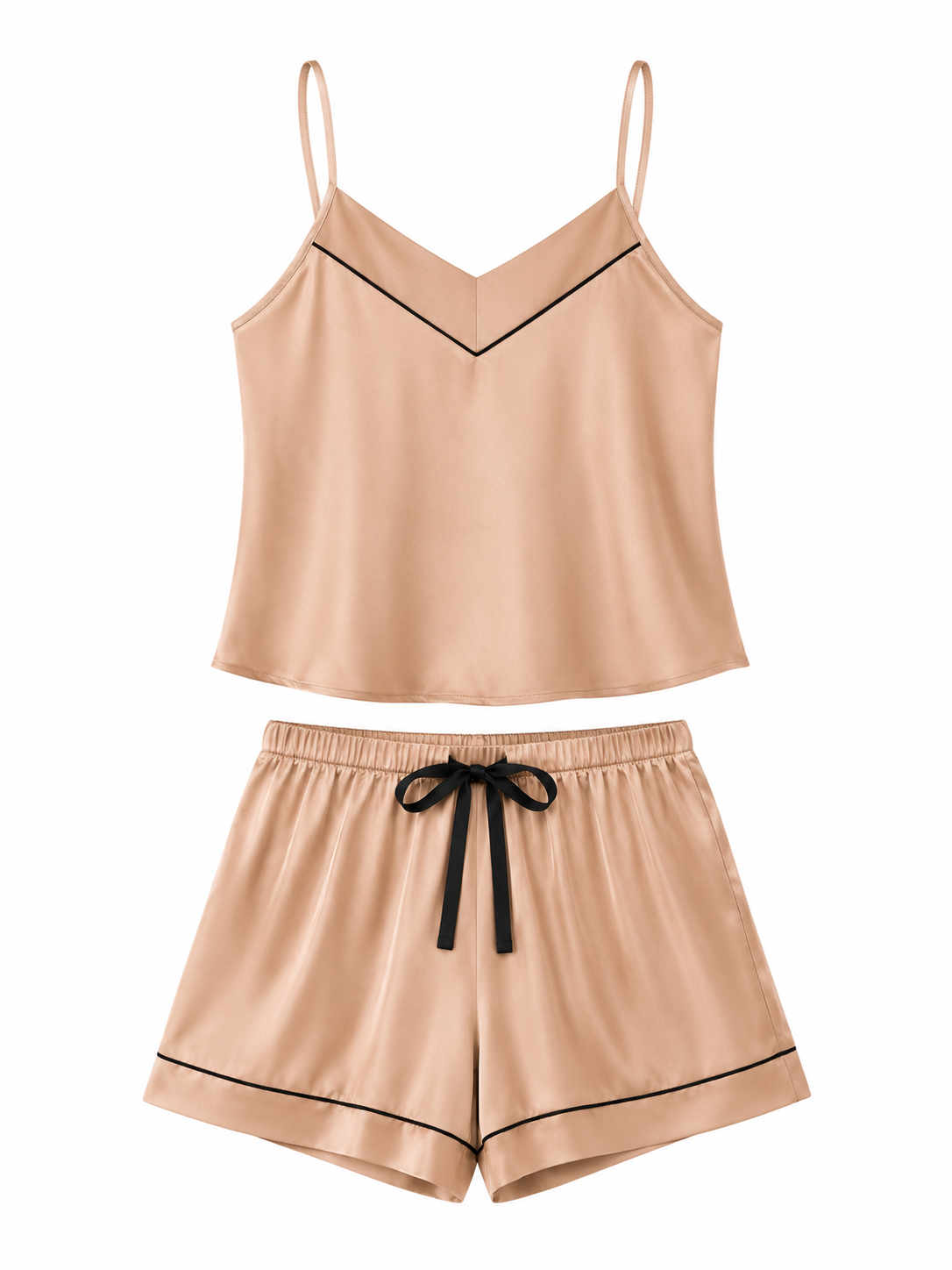Champagne beige satin cami and shorts pajama set with black piping on white background